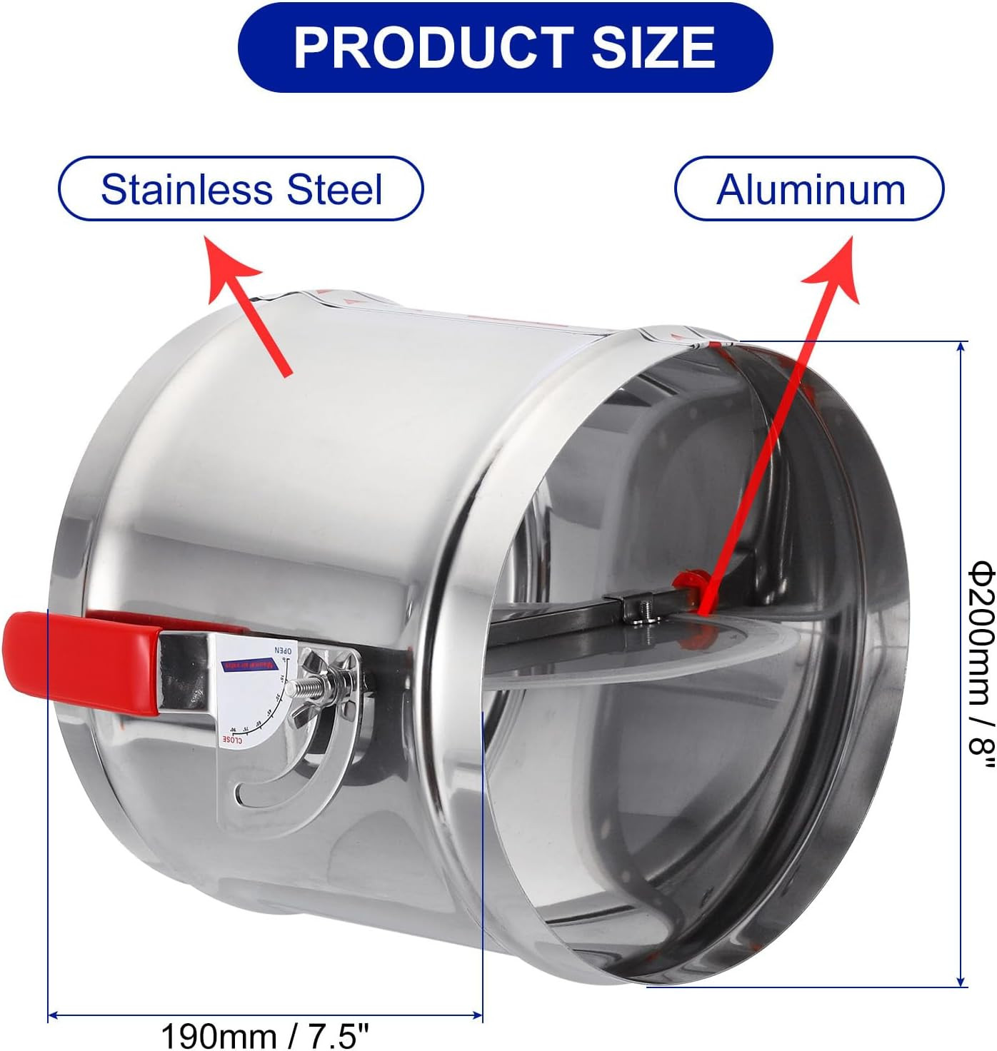 HVAC Duct Damper 8 Inch Manual Volume Backdraft Airflow Control Stainless Steel