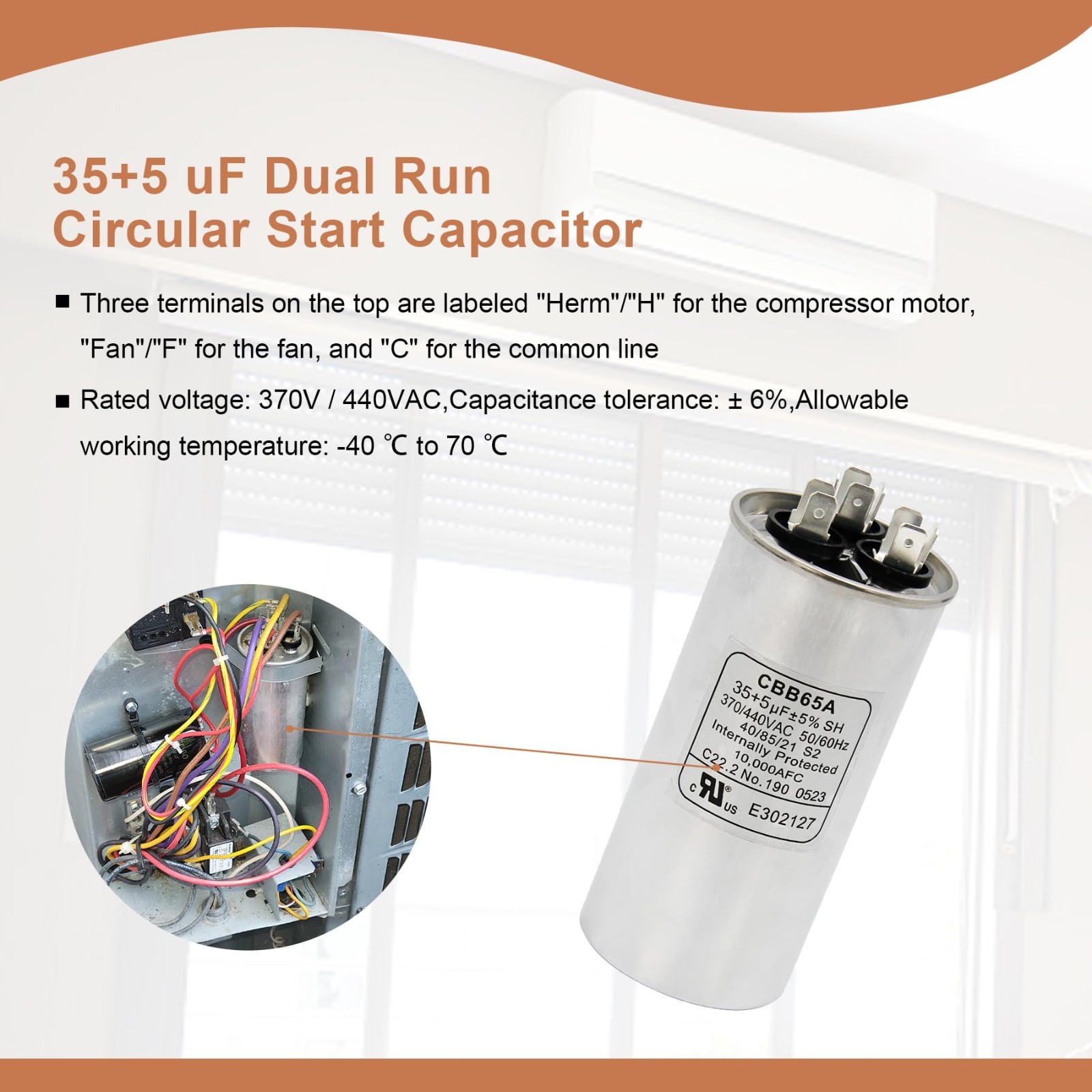 2 Pack 35/5 uF Dual Run Capacitor 370/440V for AC Motor, Heat Pump, HVAC Use