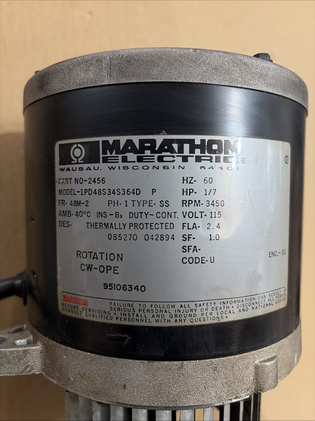 Marathon Electric 2456 Oil Burner Motor 1PD48S34S364D For Beckett