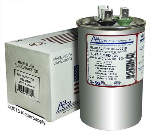 60 + 7.5 uF MFD x 370 / 440 VAC Motor Run Capacitor AmRad USA2221B – Made in USA