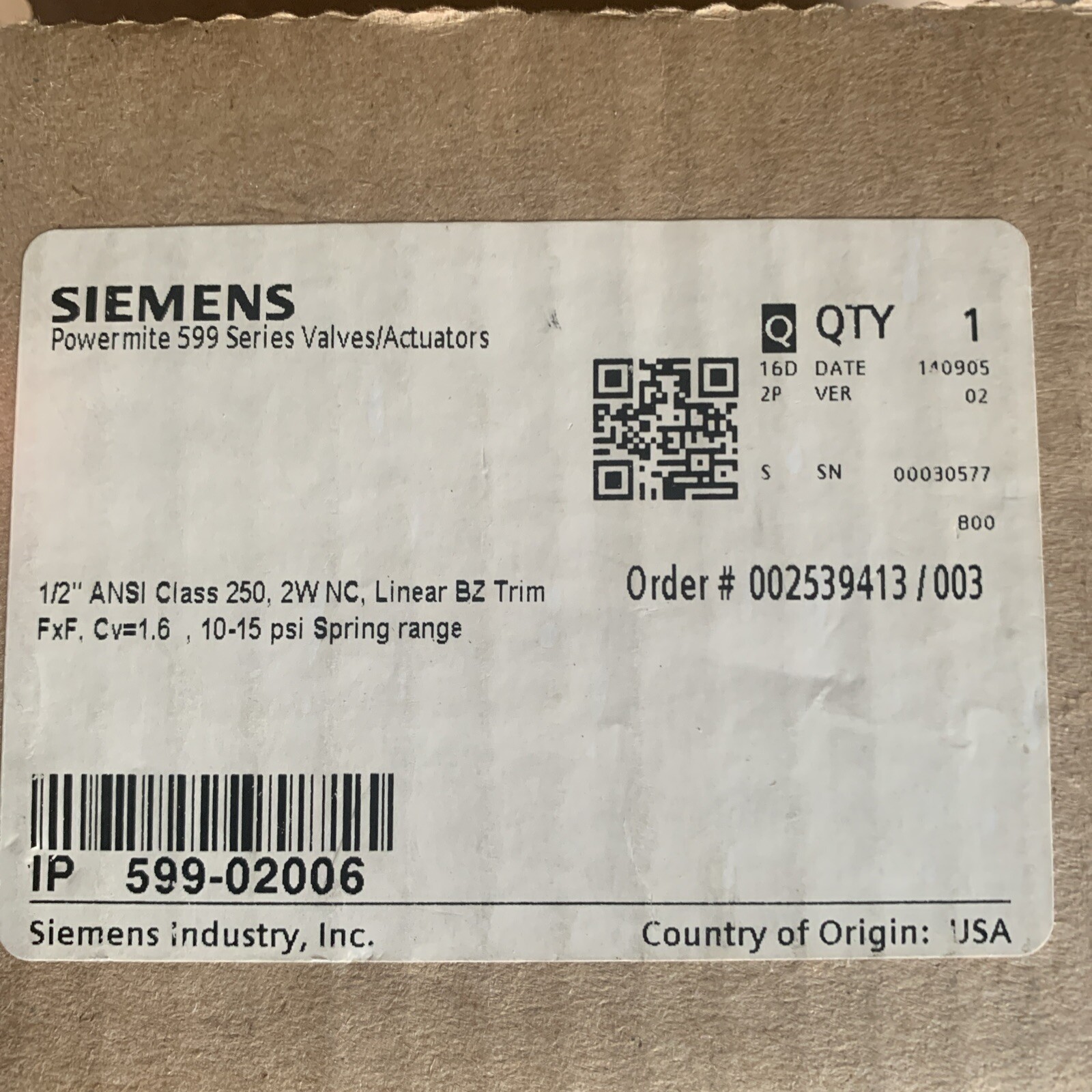 Siemens 599-02006 Control Valve,Globe, 1/2 In. Npt. NOS NIB