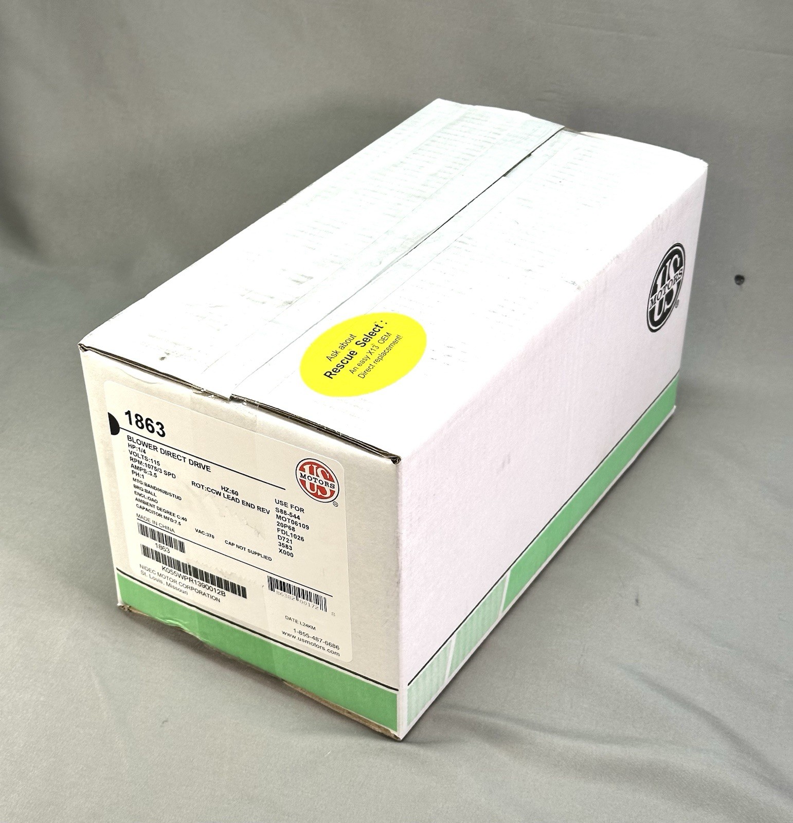 NEW SEALED US MOTORS 1863 1/4 HP Blower MOTOR 115V 1075 RPM 3 SPD EMERSON X000