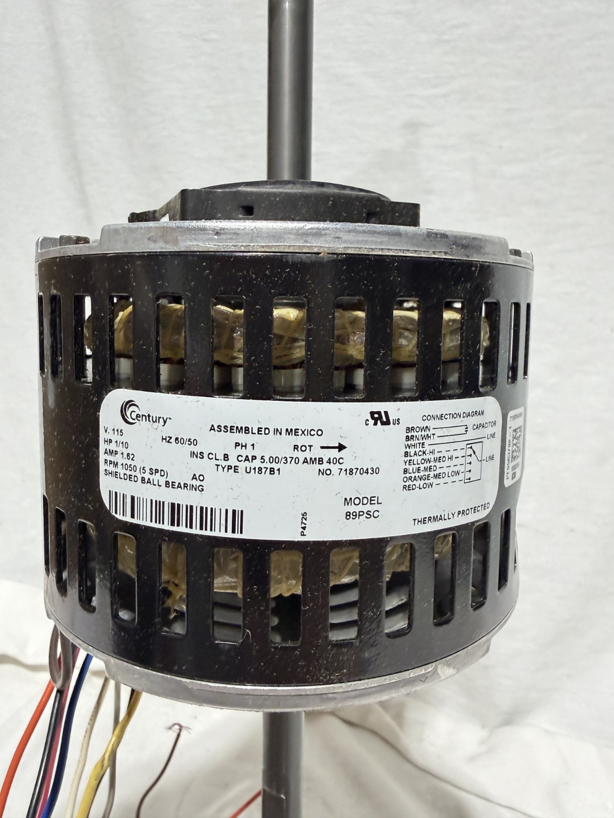 Century 89PSC Fan Coil & Air Conditioner Motor, 1/10 HP, 1Phase, 115V 5 Speed