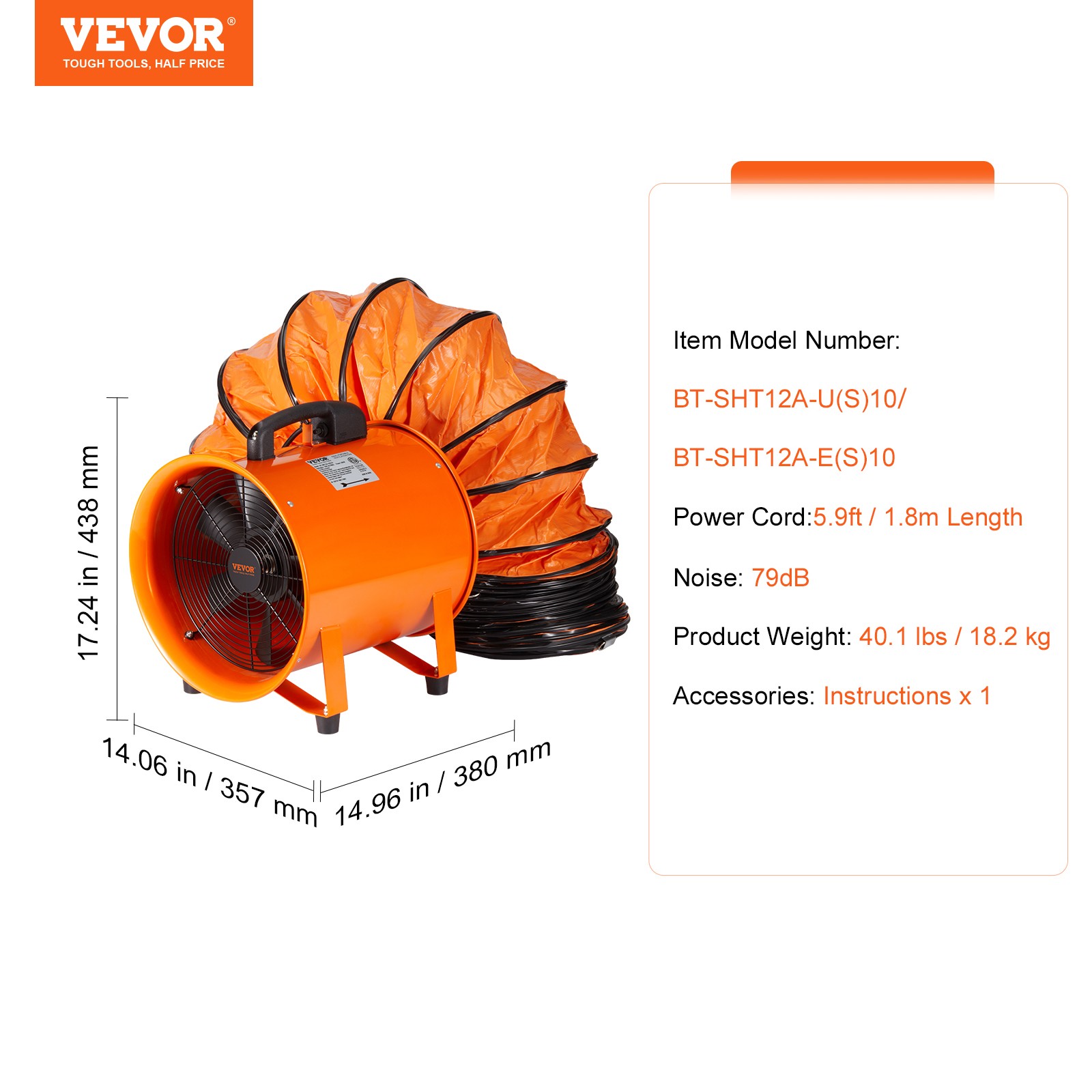 VEVOR 12″ Portable Extractor Fan Blower 33ft Duct Hose Ventilator Industrial