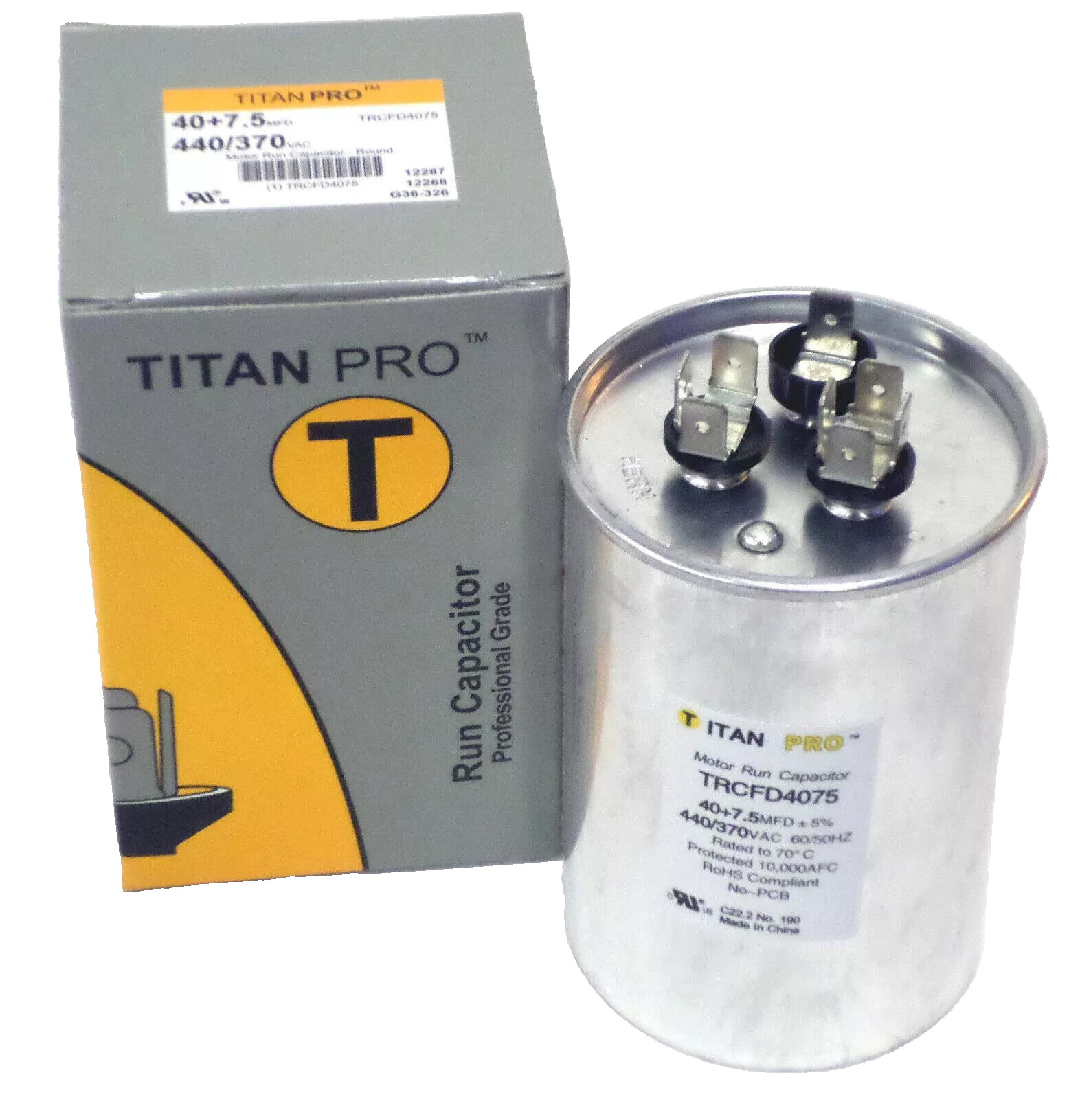 TitanPro TRCFD4075 HVAC Round Motor Run Capacitor 40+7.5 MFD, 440/370Vac