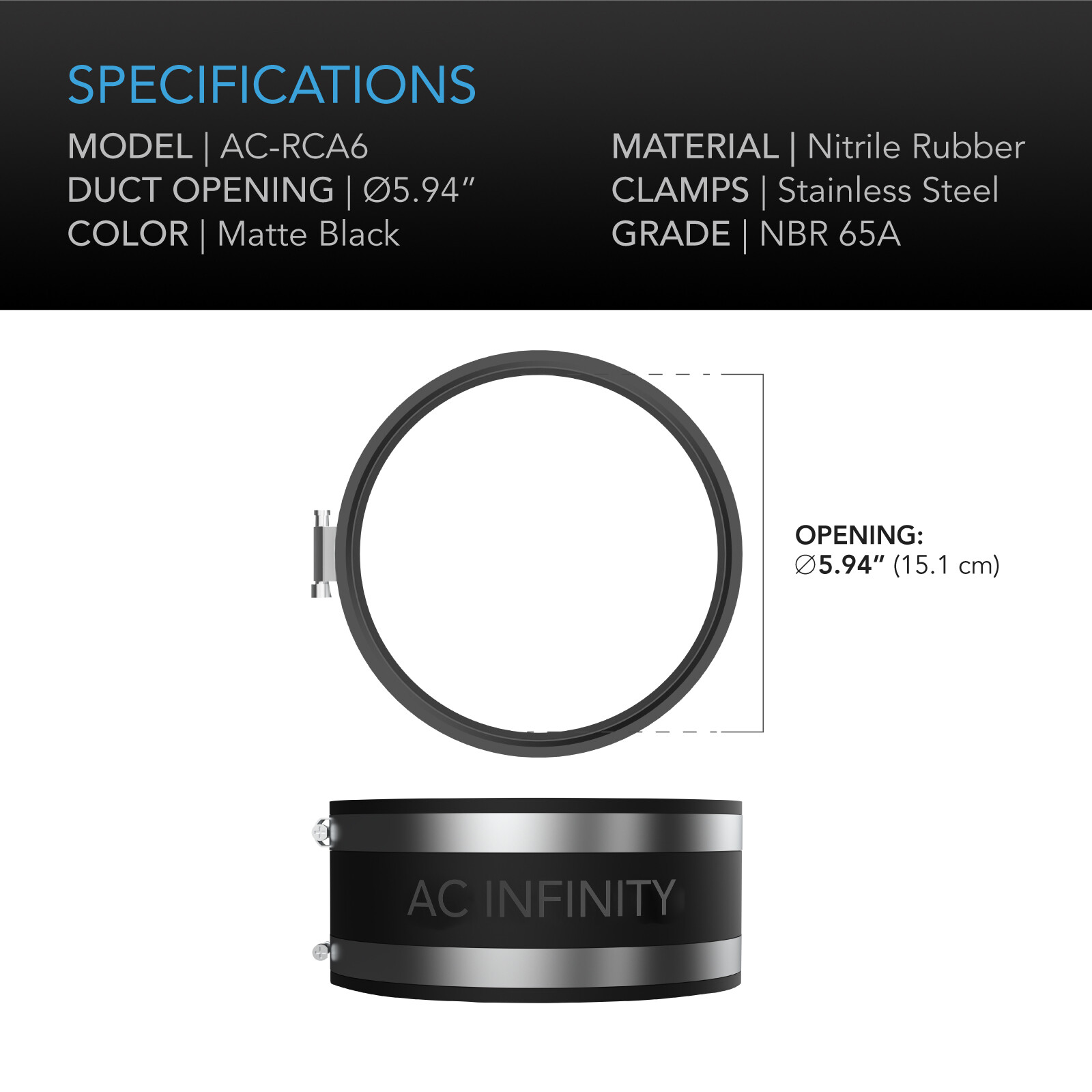 Noise Reduction Clamp, 6-Inch Rubber Duct Coupler with Stainless Steel Clamps