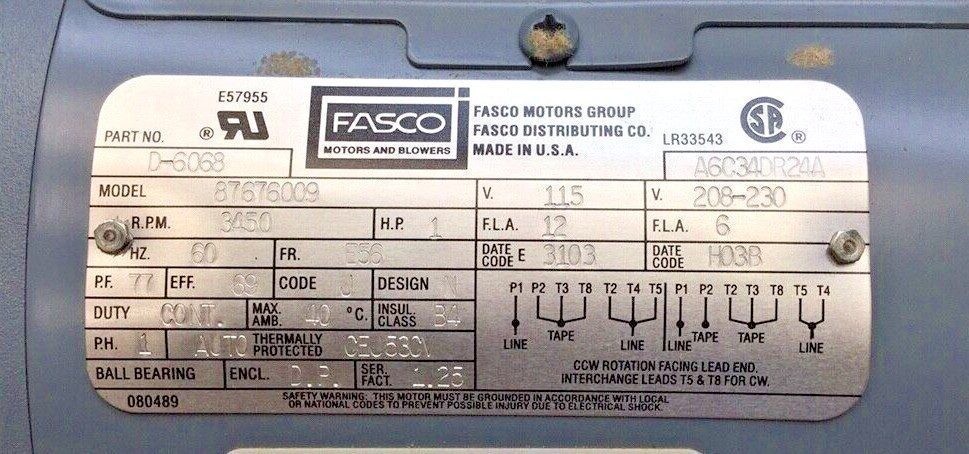 Fasco D6068 Motor 1HP 115/208-230V 60HZ 3450RPM 1 Speed