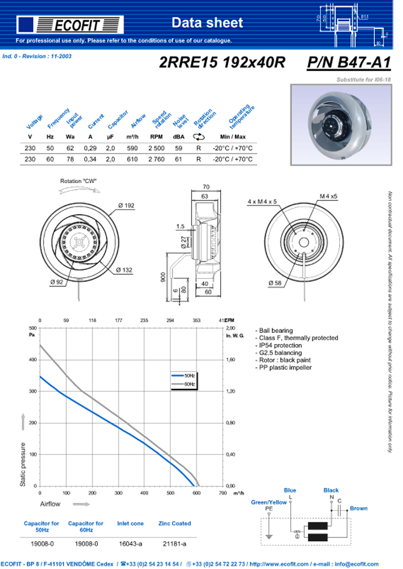 EBM-PAPST R2E190-AO26-25 Motorized Impeller, 7-1/2 in., 230VAC 190mm 365cfm
