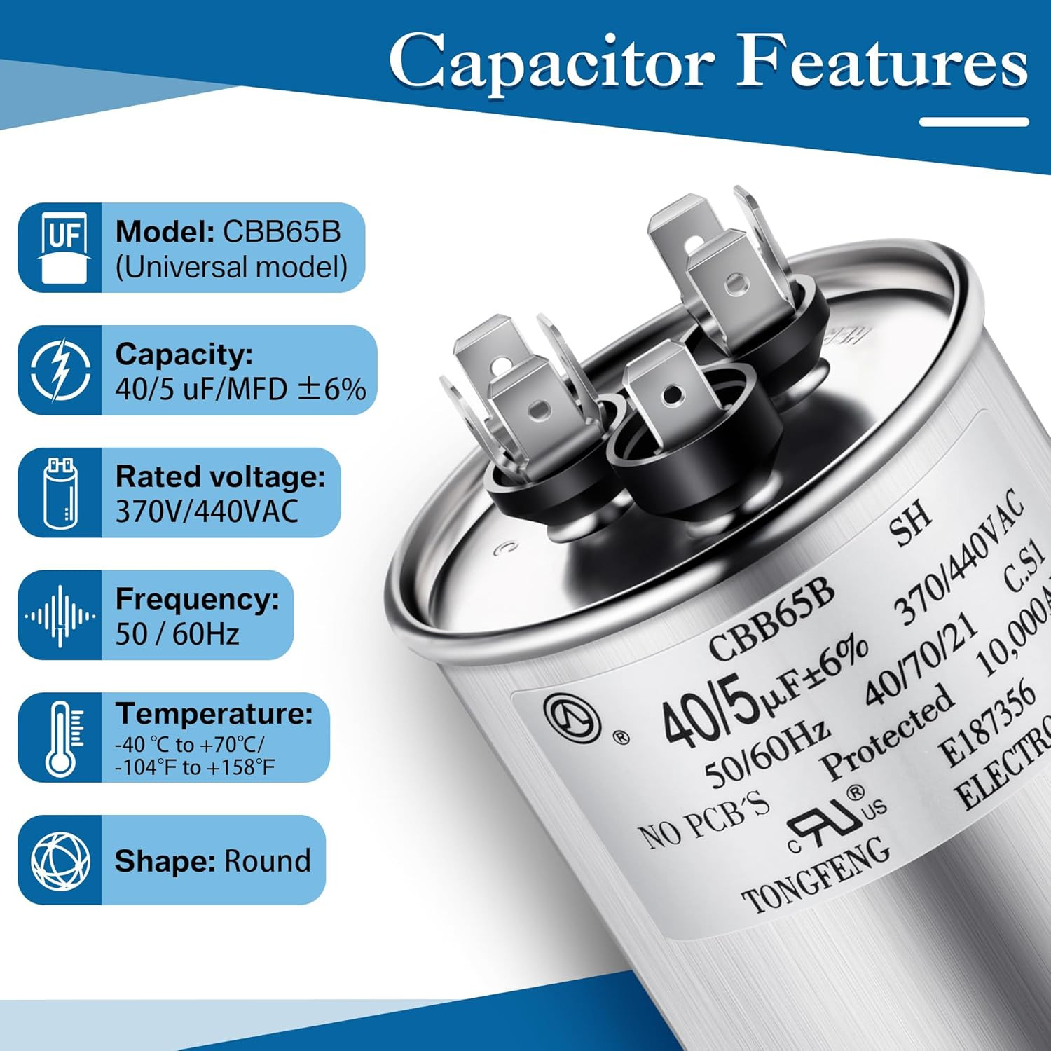 40/5 Uf Dual Run round Capacitor for CBB65B AC Motor Run Heat Pump Fan Pool Pump