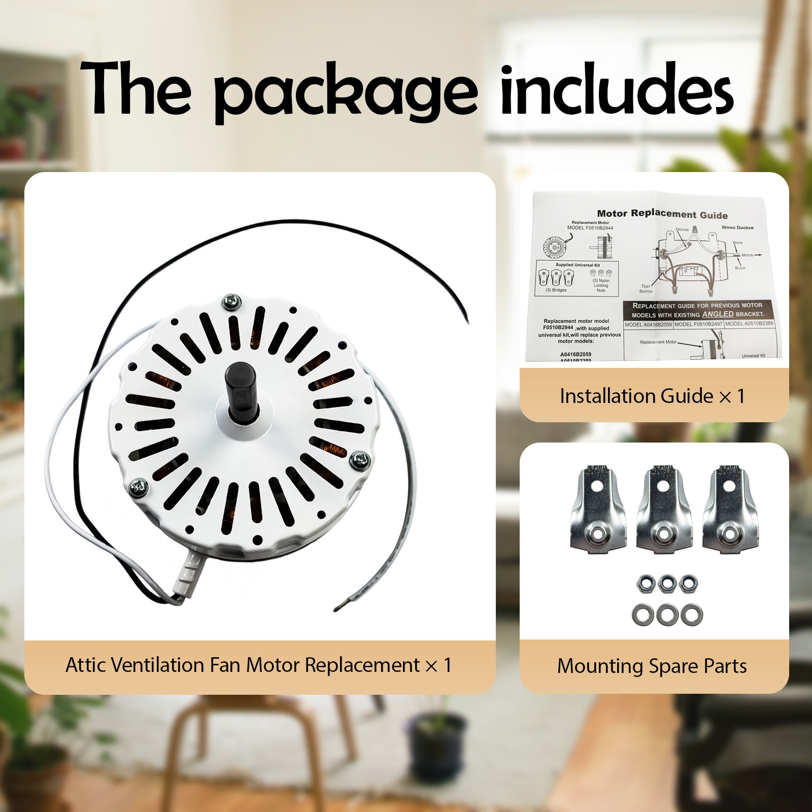 Attic Fan Motor Replacement Kit F0510B2497,Includes F0510B2944 White Power Attic