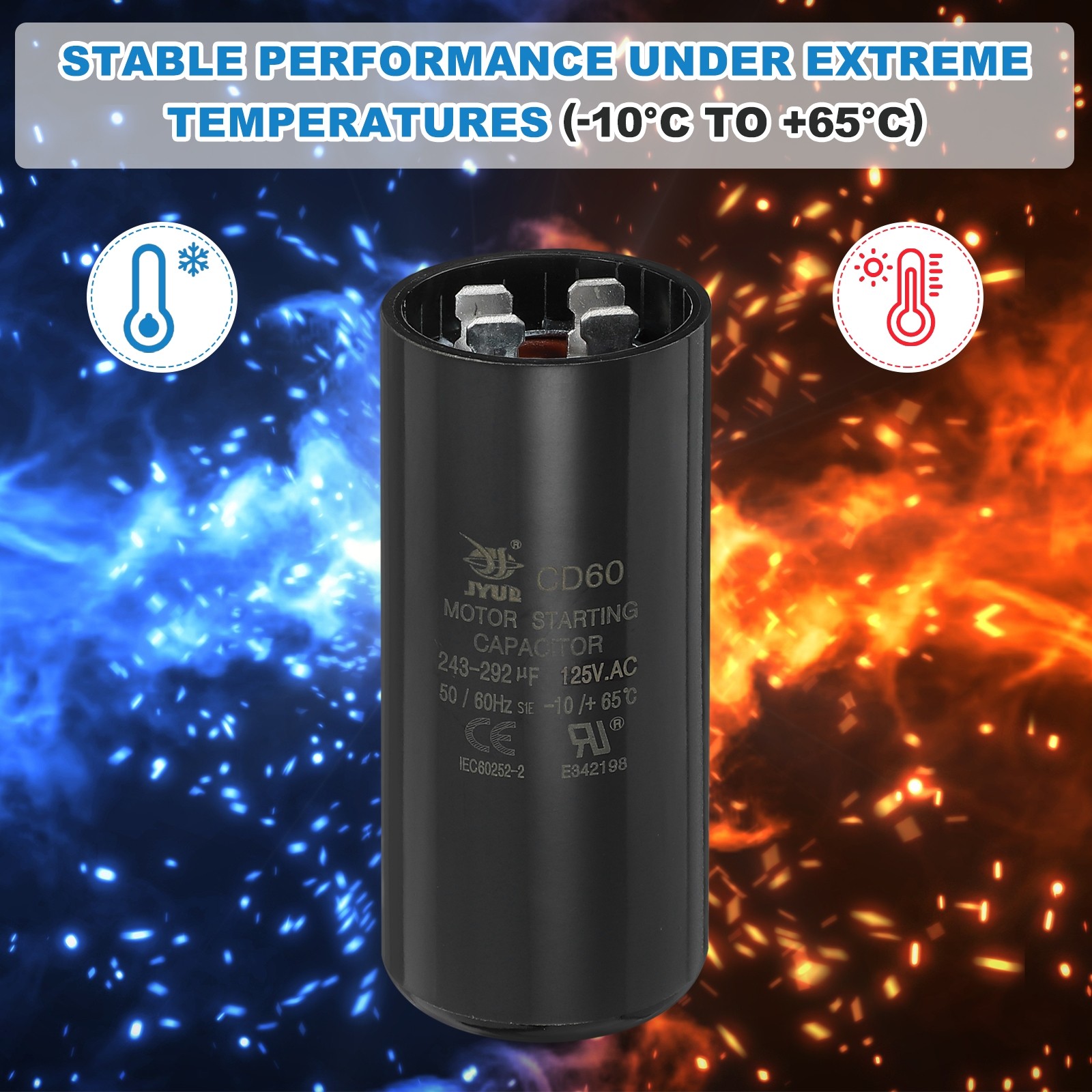 CD60 Capacitor 243-292 UF/Mfd, 125VAC Run Motor Start Capacitor, Black