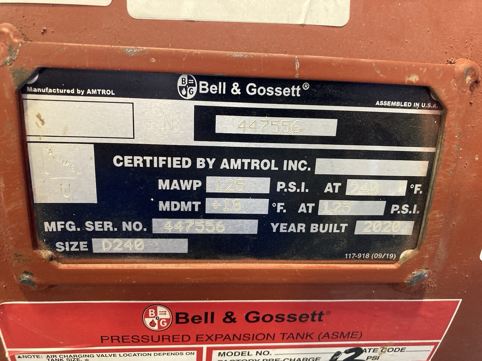 Bell & Gossett D240 Thermal Expansion Tank, 125# ASME Certified