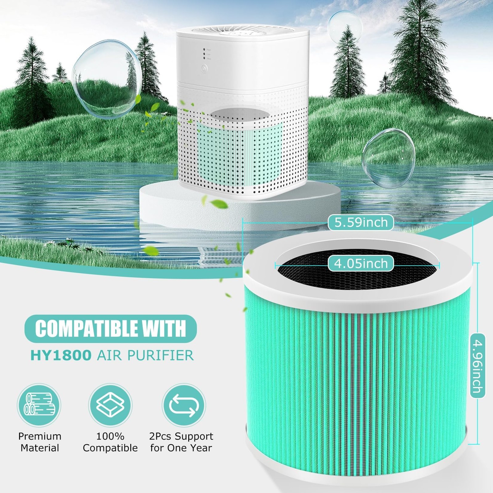 HY1800 H13 True HEPA Replacement Filter Compatible with Green