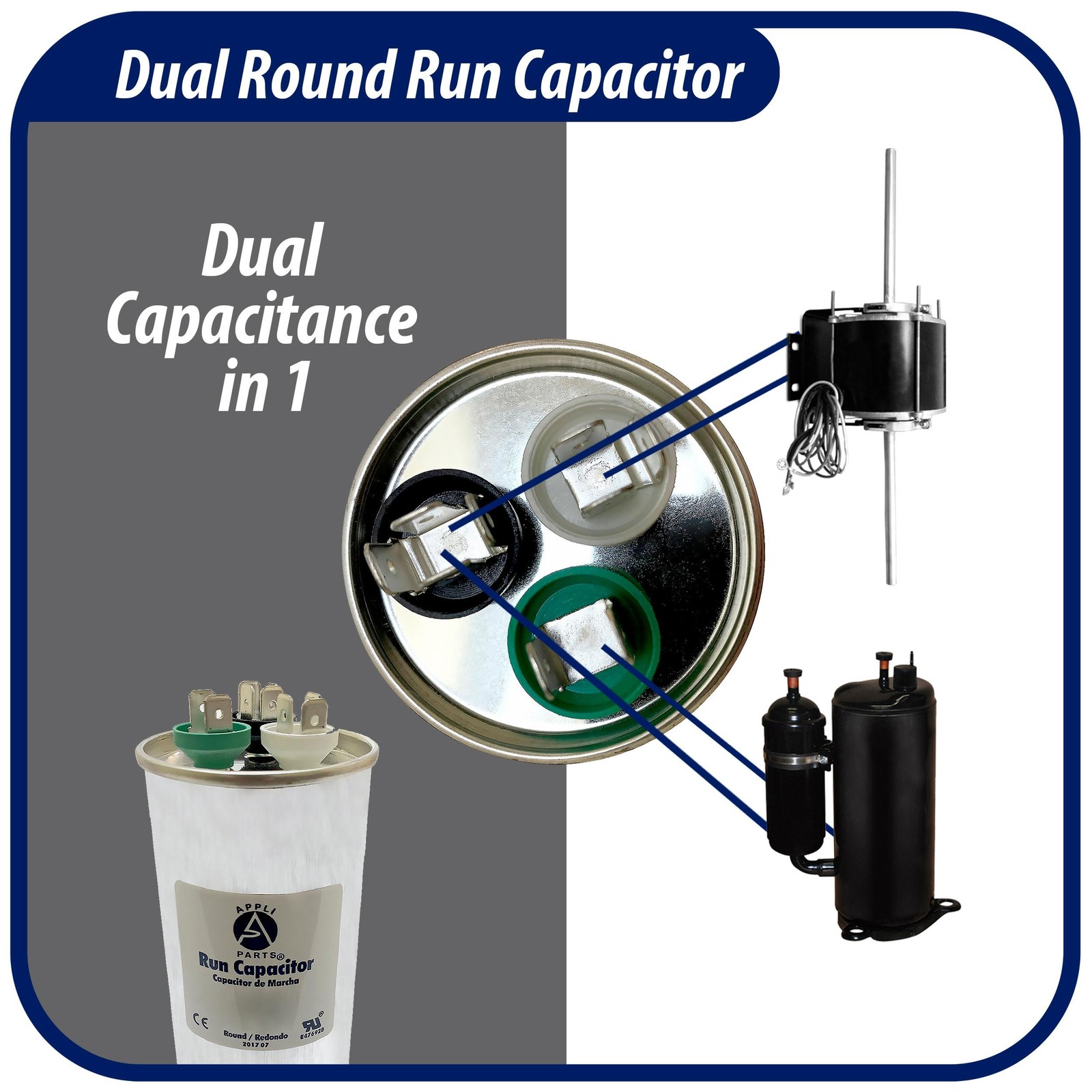 Appli Parts Dual Run Capacitor for ac 40+5 Mfd uF (microfarads) 370 VAC or 450 V