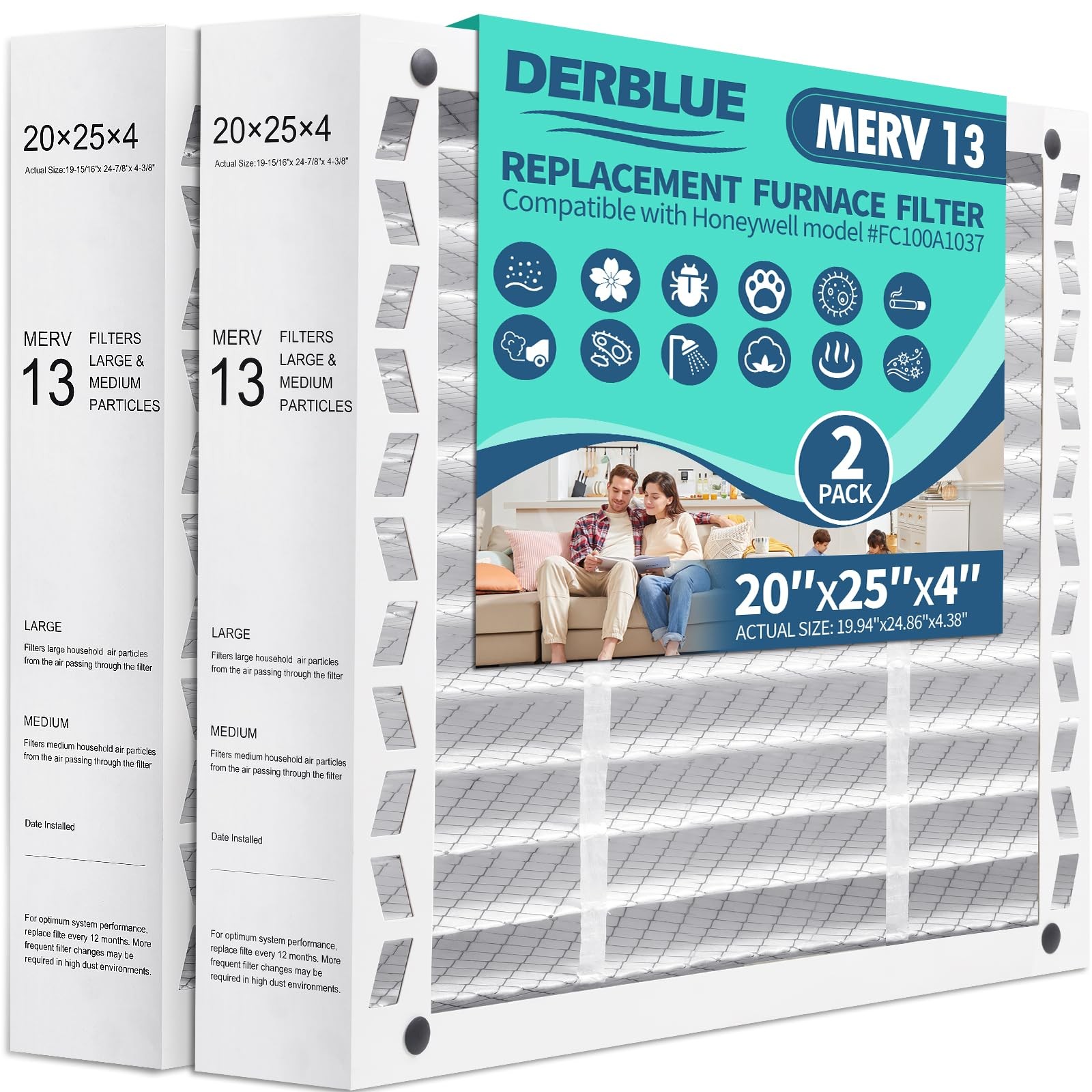 Derblue 2Pack 20X25X4 Ac Furnace Filter Replacement Merv 13 Compatible