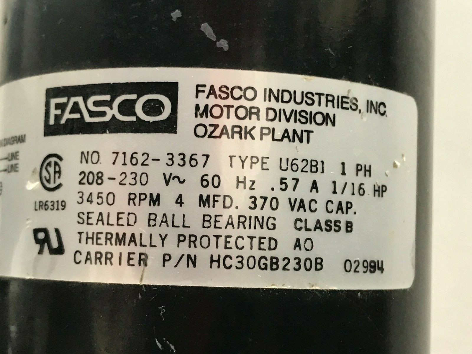 Fasco 7162-3367 Type U62B1 1/16 HP 208-230 Volt 3450 RPM HC30GB230B used #MD436