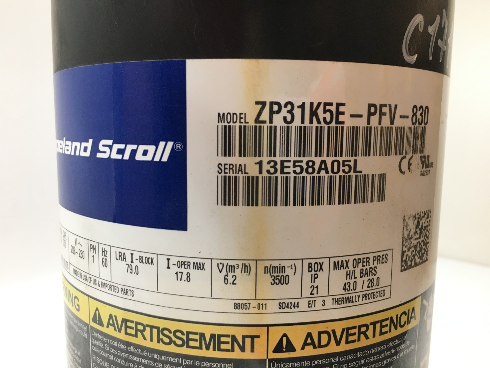 Copeland 2.5 Ton Scroll Compressor ZP31K5E-PFV-830 R410A 230V 1 PH used #C171