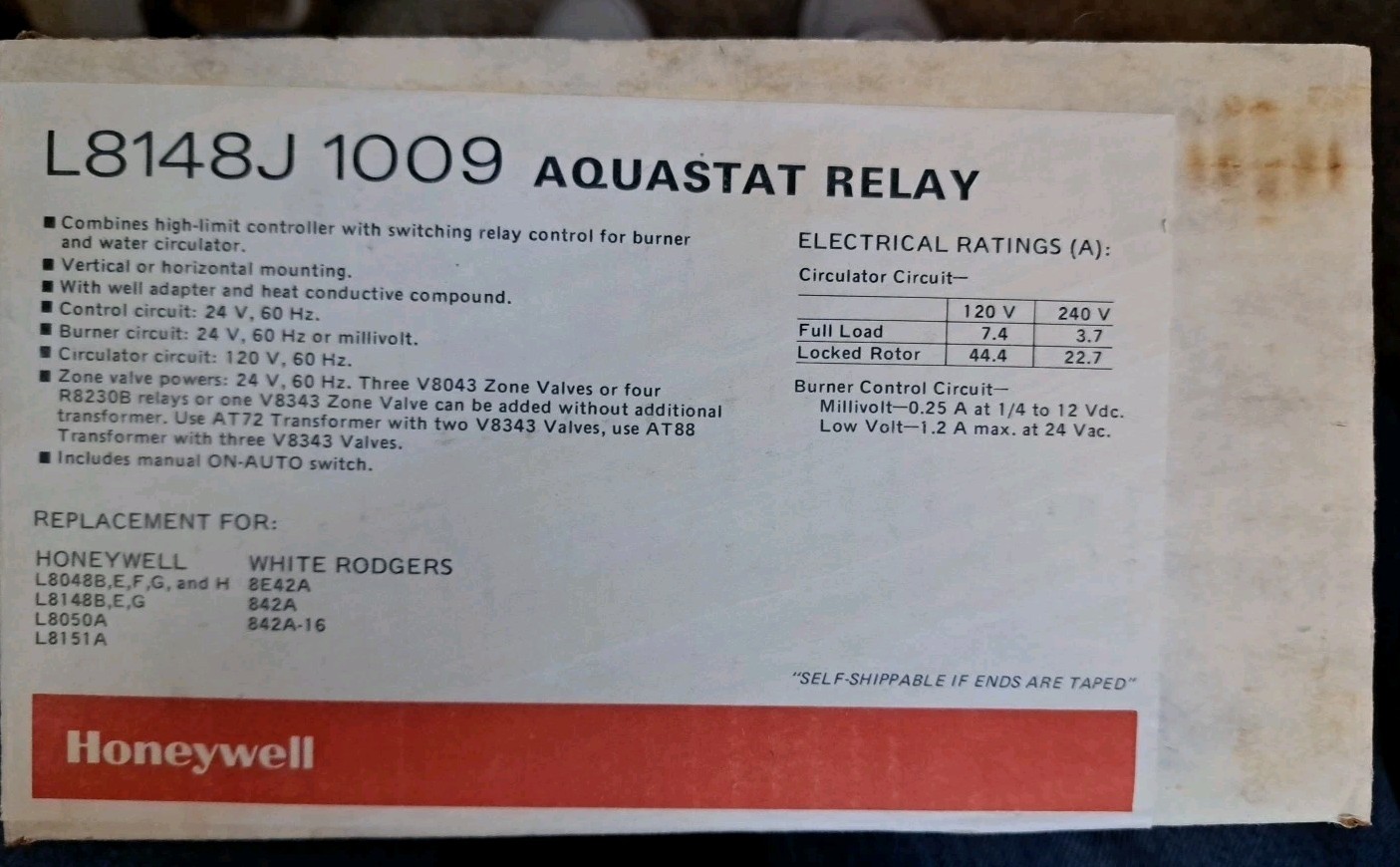 NIOB Honeywell / Resideo L8148J1009 Aquastat Relay New Old Stock!