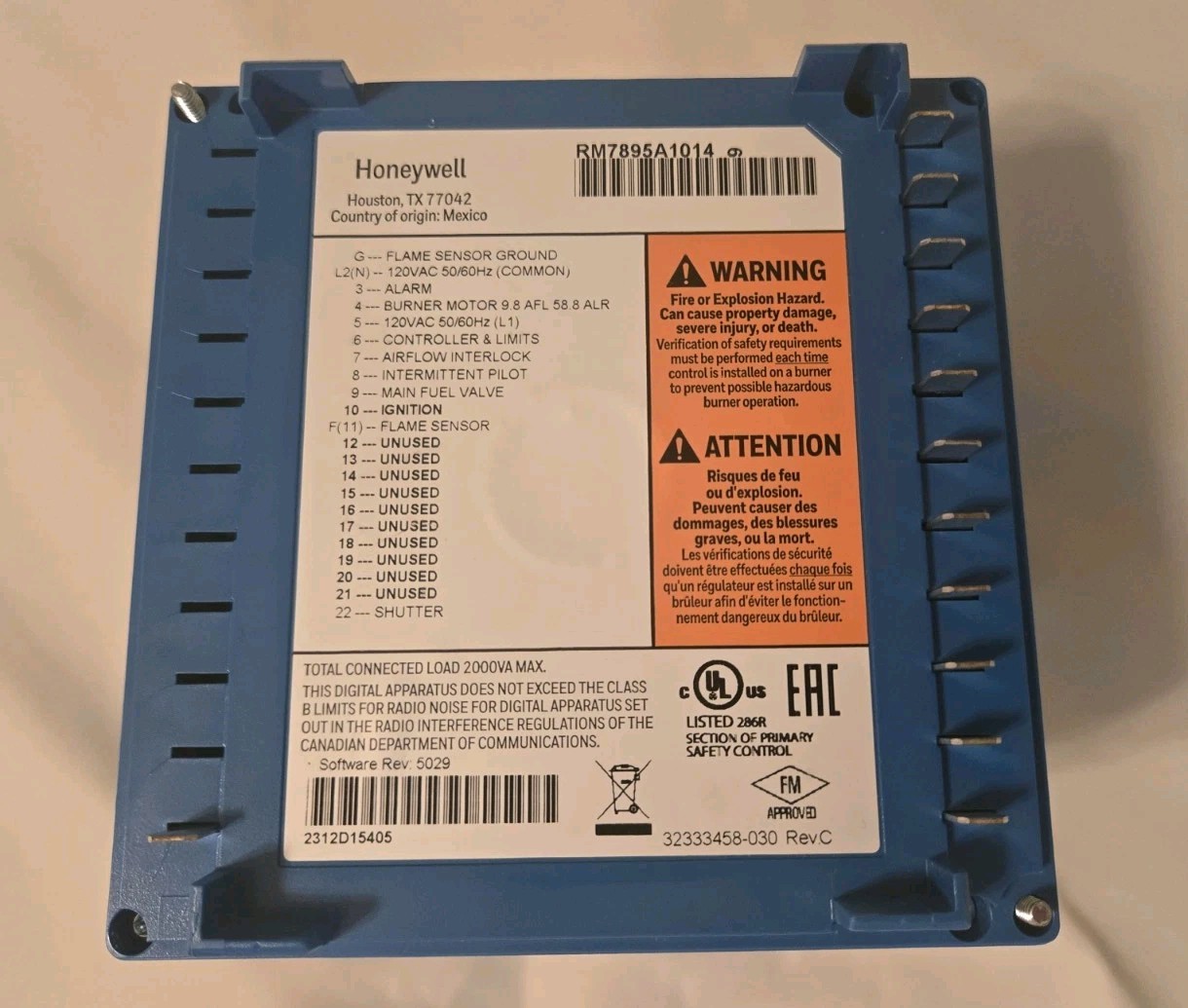 Honeywell RM7895 A 1014 Burner Control Module 120VAC