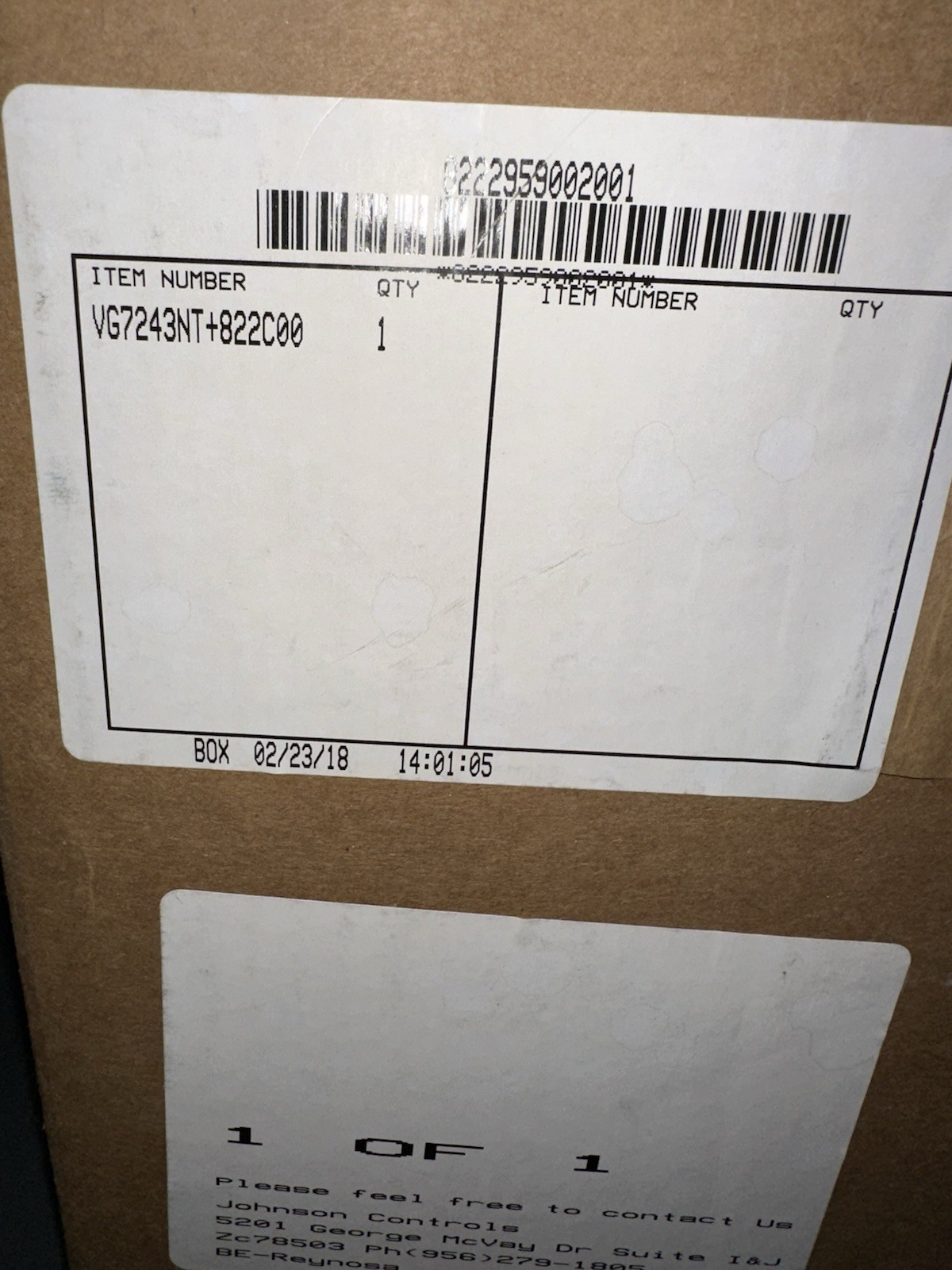 Johnson Controls VG7243NT+822C00 3-Way Mixing Valve Actuator Assembly