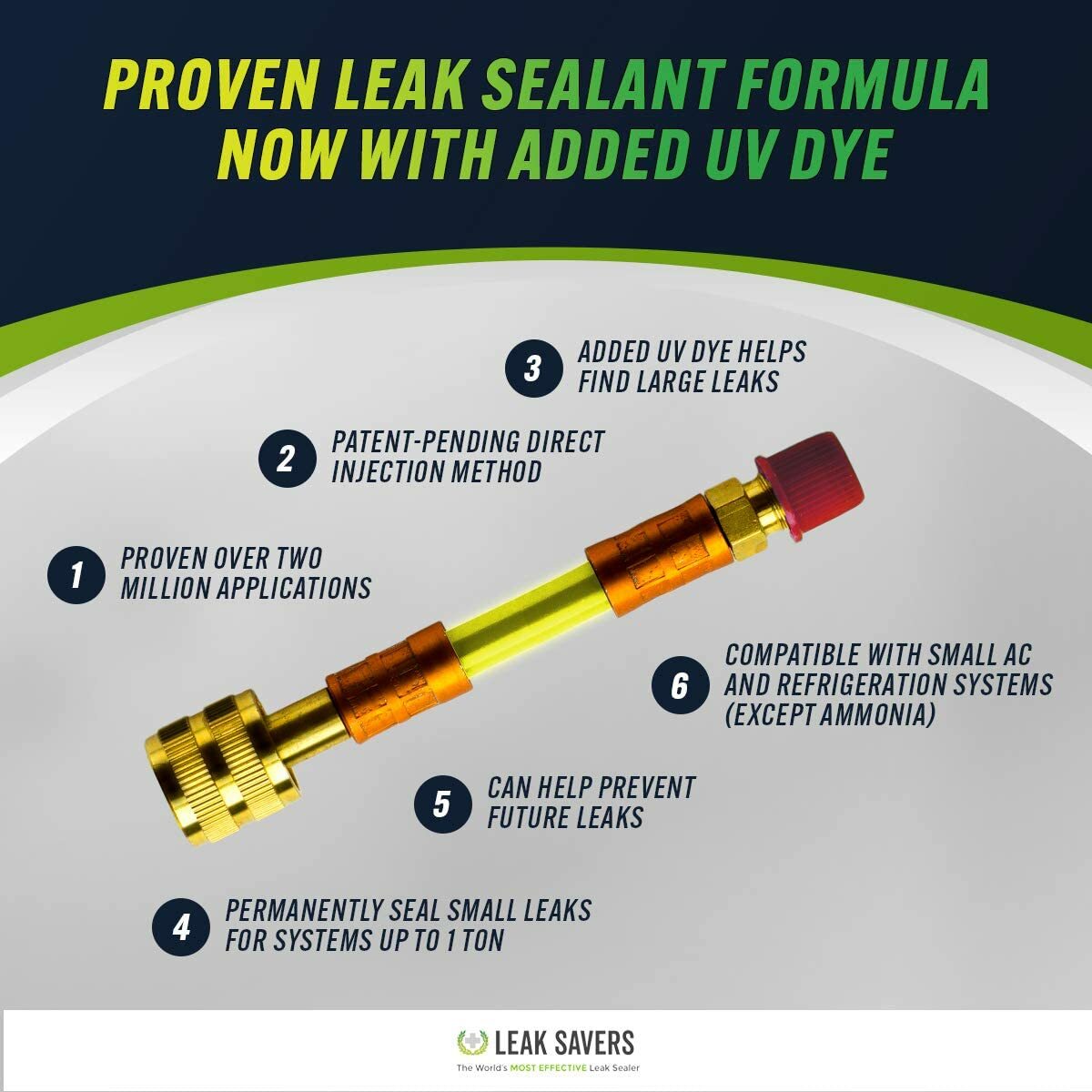 Leak Saver Direct Inject Refrigerant Leak Sealer UV Small System 1 Ton 6 Pack