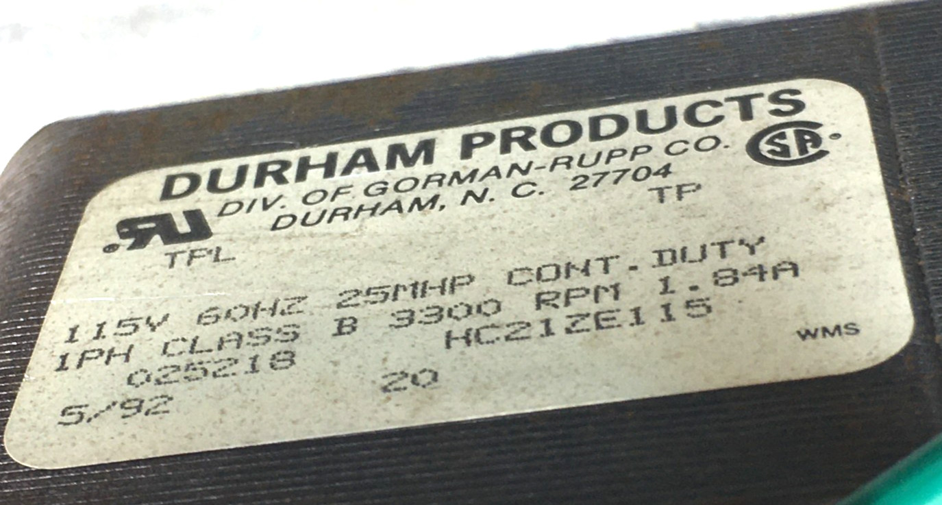 DURHAM Furnace Exhaust Inducer Motor 025218 HC21ZE115 115V 3300RPM used #MN340