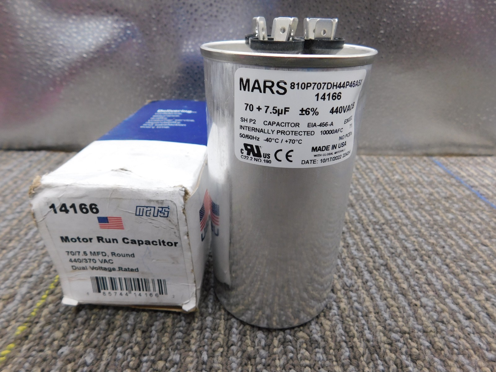 New 14166 – Mars OEM Replacement Run Capacitor 440/370 VAC 70/7.5 MFD Round