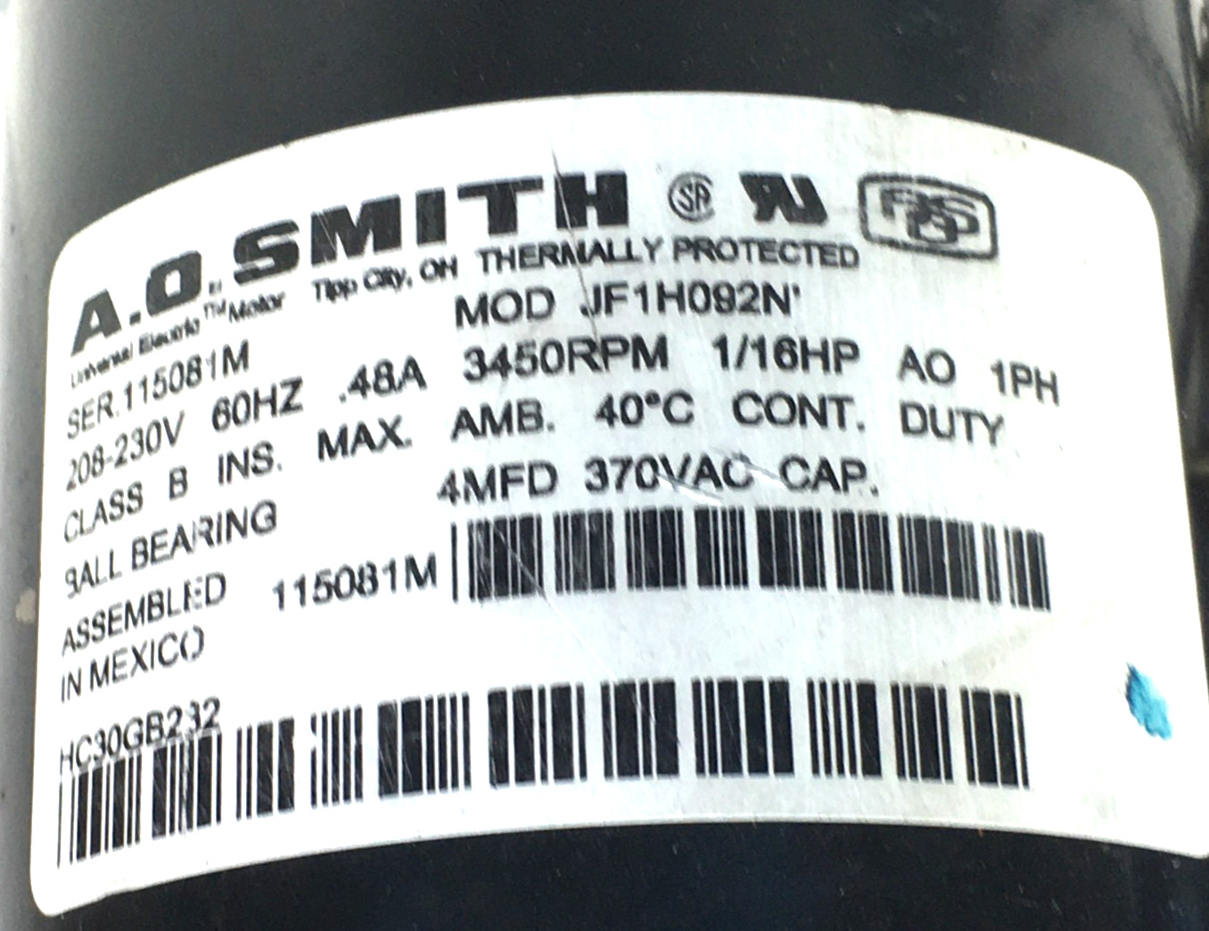 A.O.Smith HC30GB232 Blower Motor Assembly 3450RPM 1/16HP JF1H092N used #MR299
