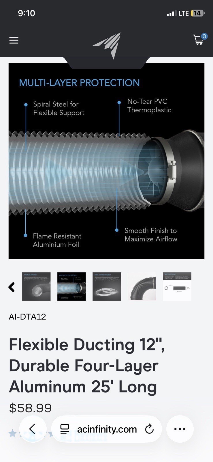 AC Infinity AI-DTA12 Flexible Round Duct Hose 12 in x 25 ft Black – MSRP $58.99