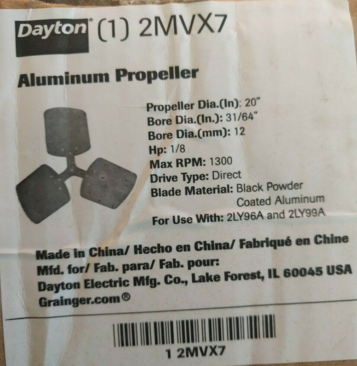 DAYTON Fan Blade – 20″ Diameter – 15/32″ Bore (12mm) – 3 Blade CW (2LY96, 2LY99)
