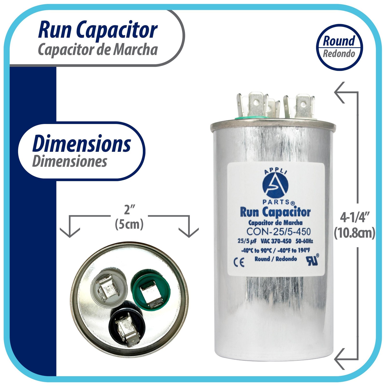 Appli Parts Dual Run Capacitor for ac 25+5 Mfd uF (microfarads) 370VAC or 450VAC