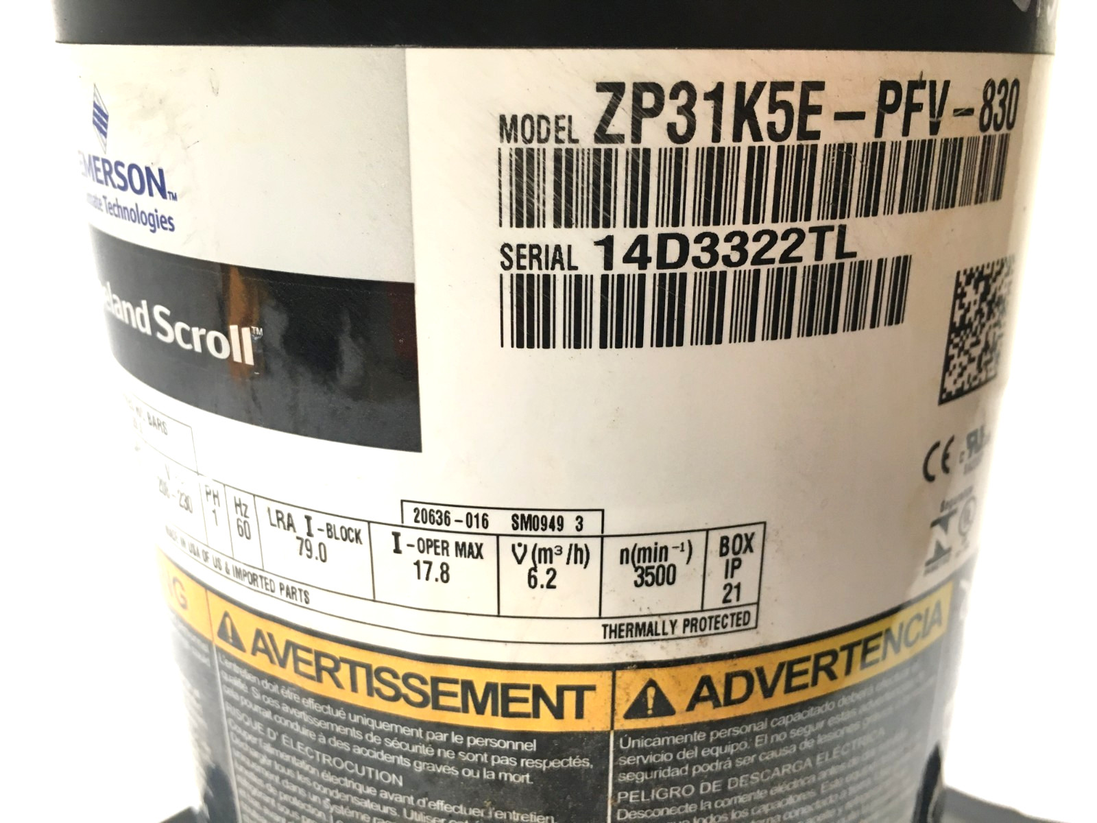 Copeland 2.5 Ton Scroll Compressor ZP31K5E-PFV-830 R410A 230V 1 PH used #C192