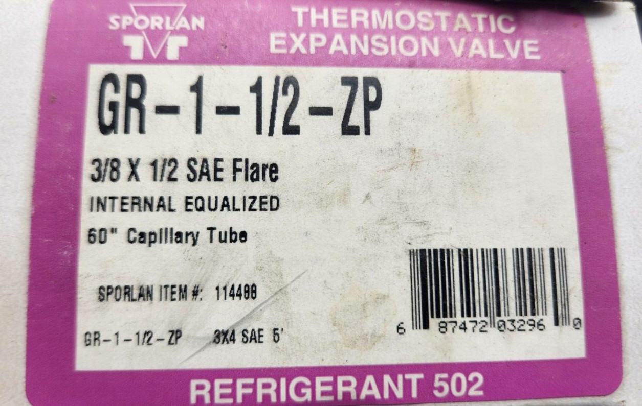 Sporlan GR-1-1/2 ZP 3/8 x 1/2 SAE 5′ Low Temp Thermostatic Expansion Valve