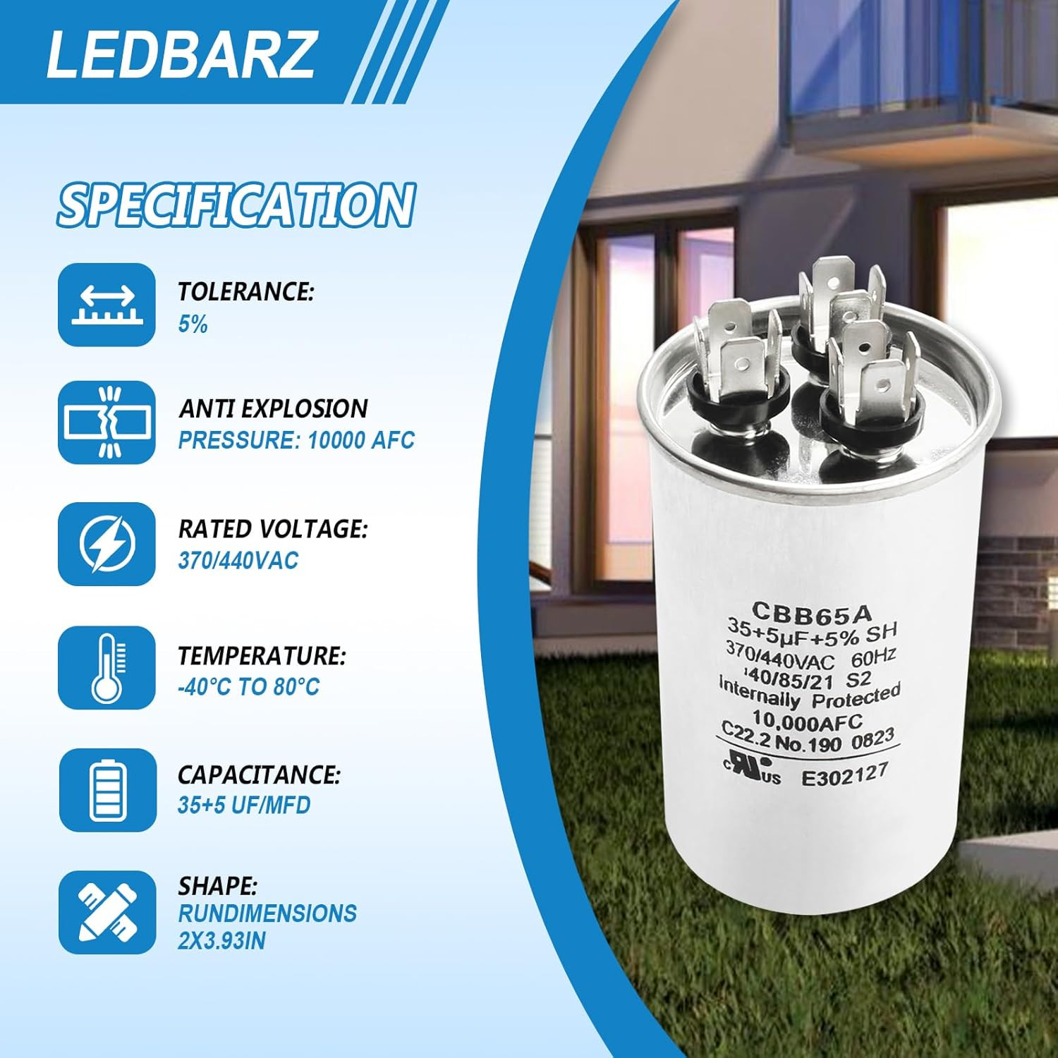 CAP050350440RSS 35+5Uf 370/440VAC Dual Run Capacitor for Goodman Amana Janitrol