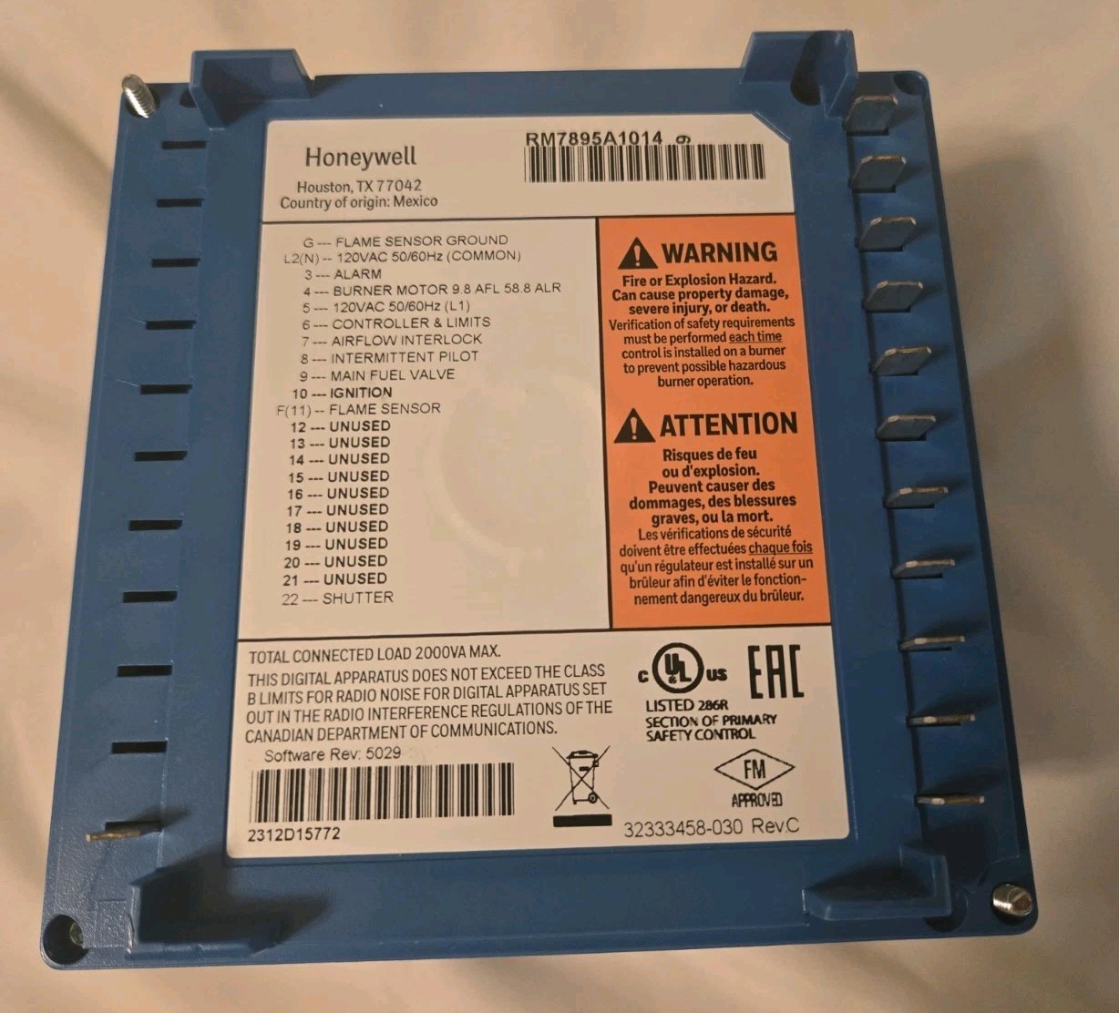 Honeywell RM7895 A 1014 Burner Control Module 120VAC