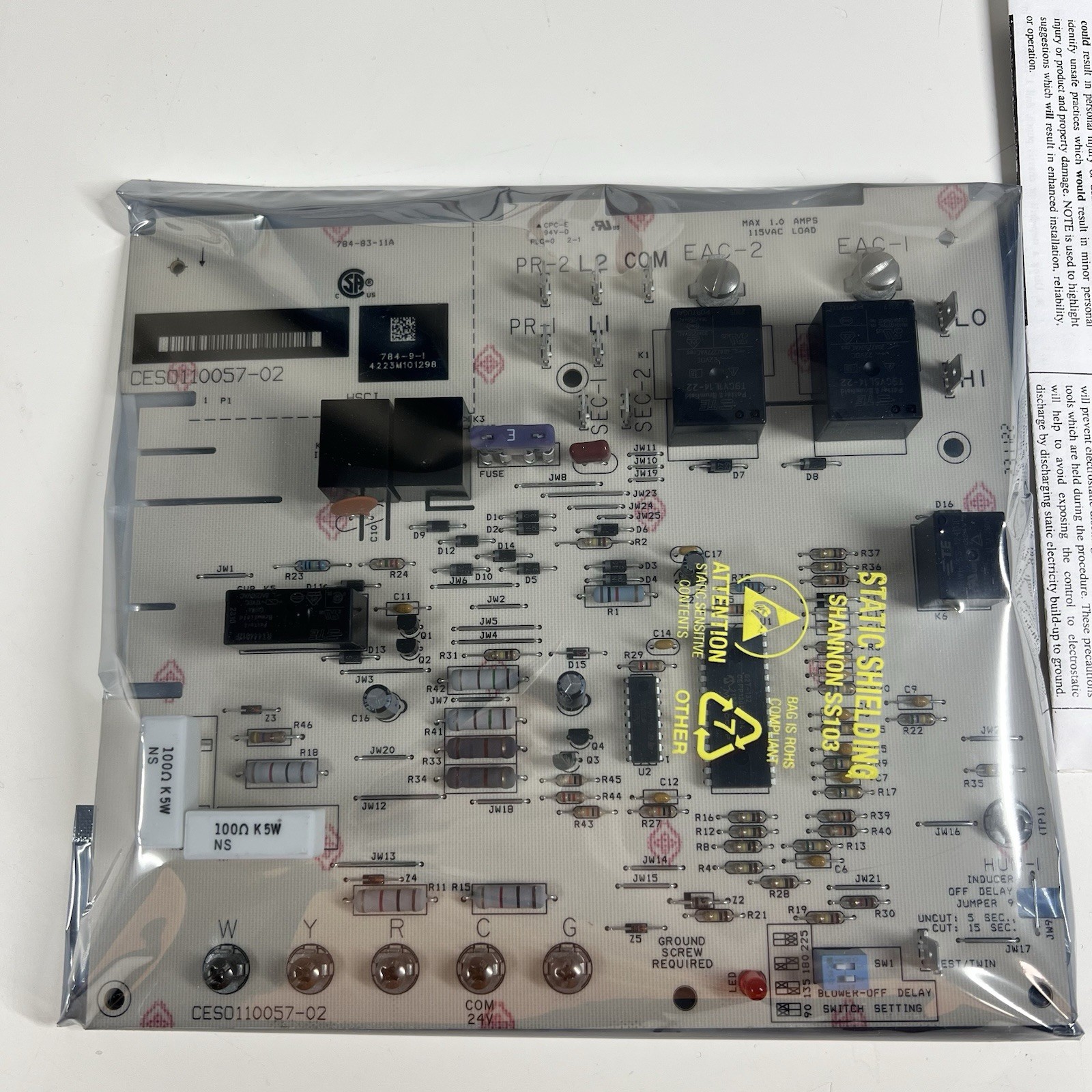 Carrier Bryant Payne CES0110057-02 OEM HSI Furnace Control Board New Sealed Bag