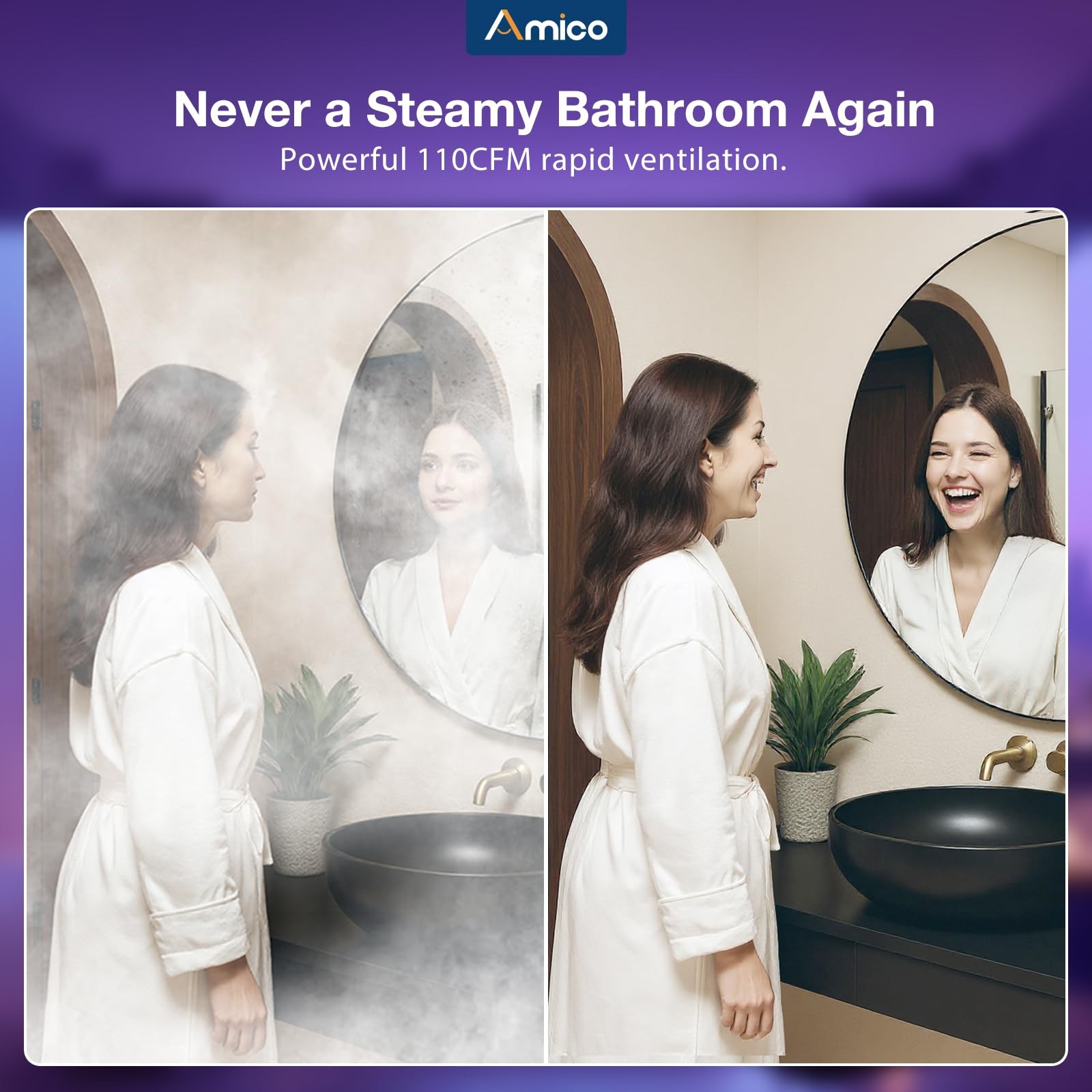 Amico Bathroom Exhaust Fan Bluetooth Speaker 110Cfm 1.0 Sone Smart Shower Vent