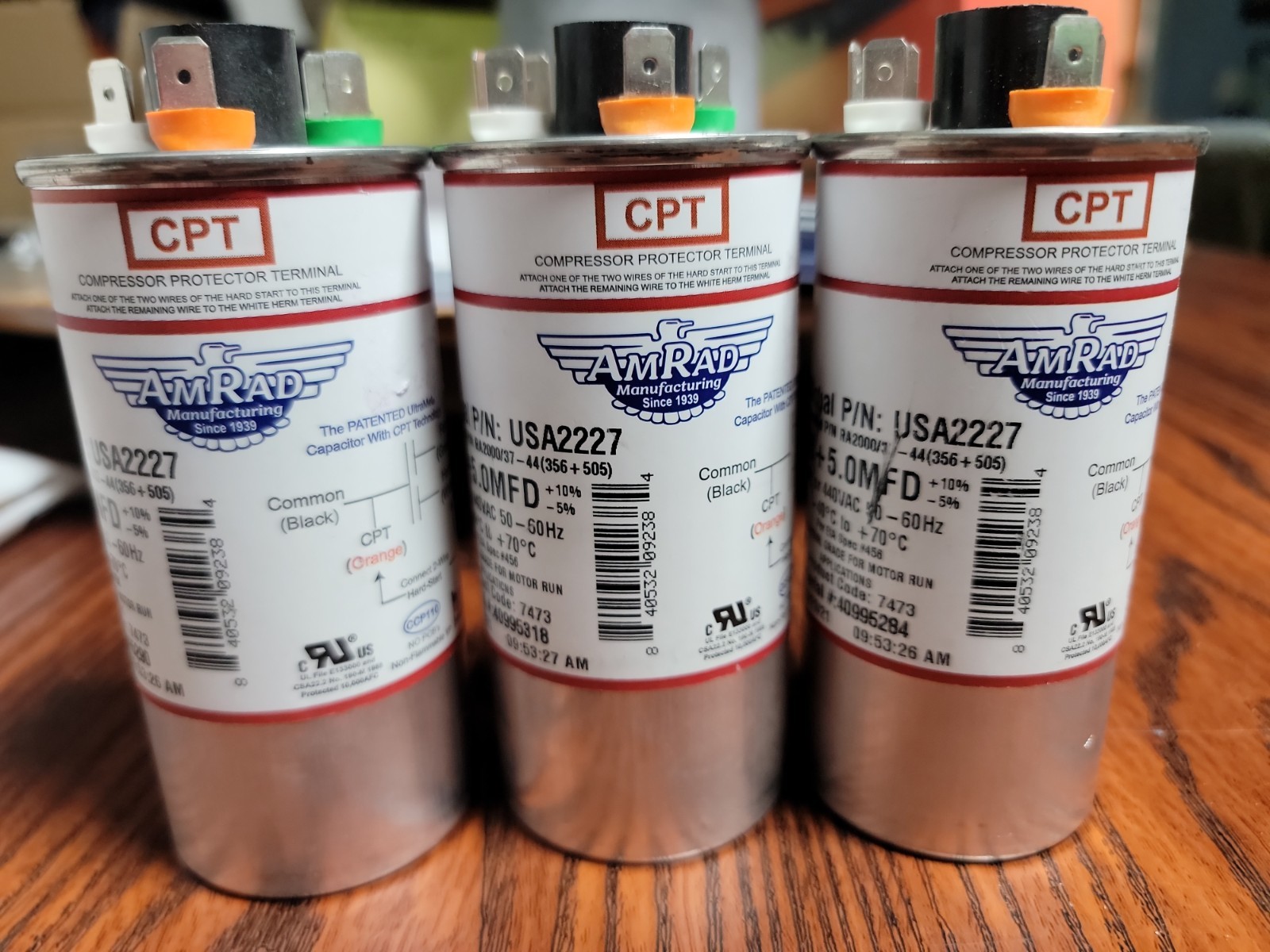3pk- 35+5 MFD x 370 / 440 VAC Round Run Capacitor AmRad USA2227 – Made in USA