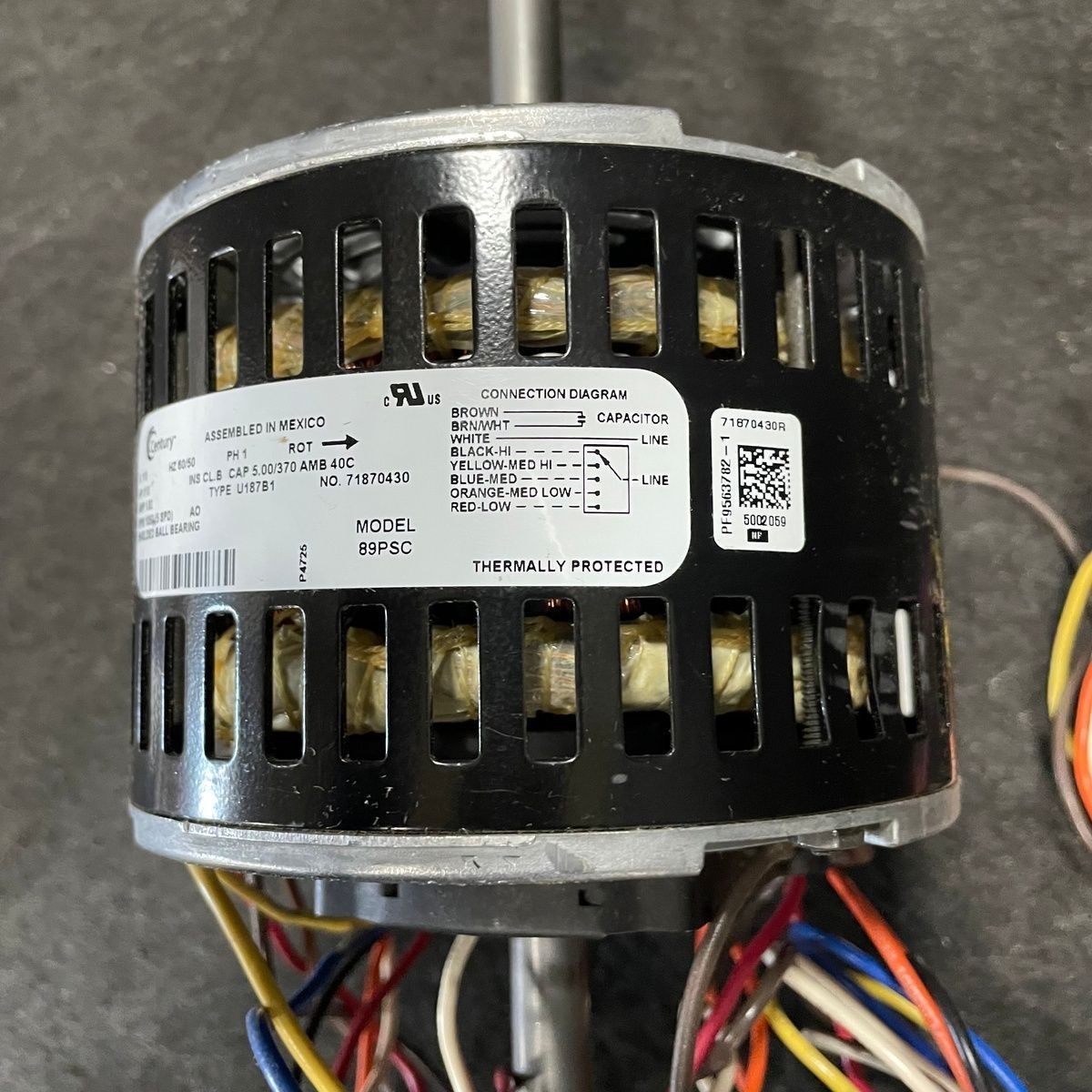 Century 89PSC Fan Coil & Air Conditioner Motor, 1/10 HP, 1Phase, 115V 5 Speed