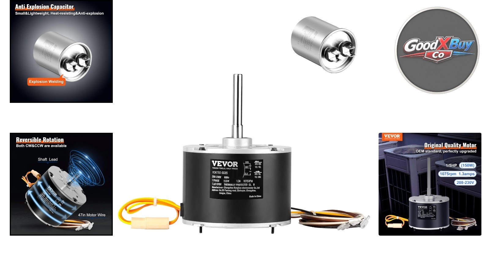 OEM Upgraded Condenser Fan Motor 1/5HP 1075RPM for GE, Carrier, Bryant 230V