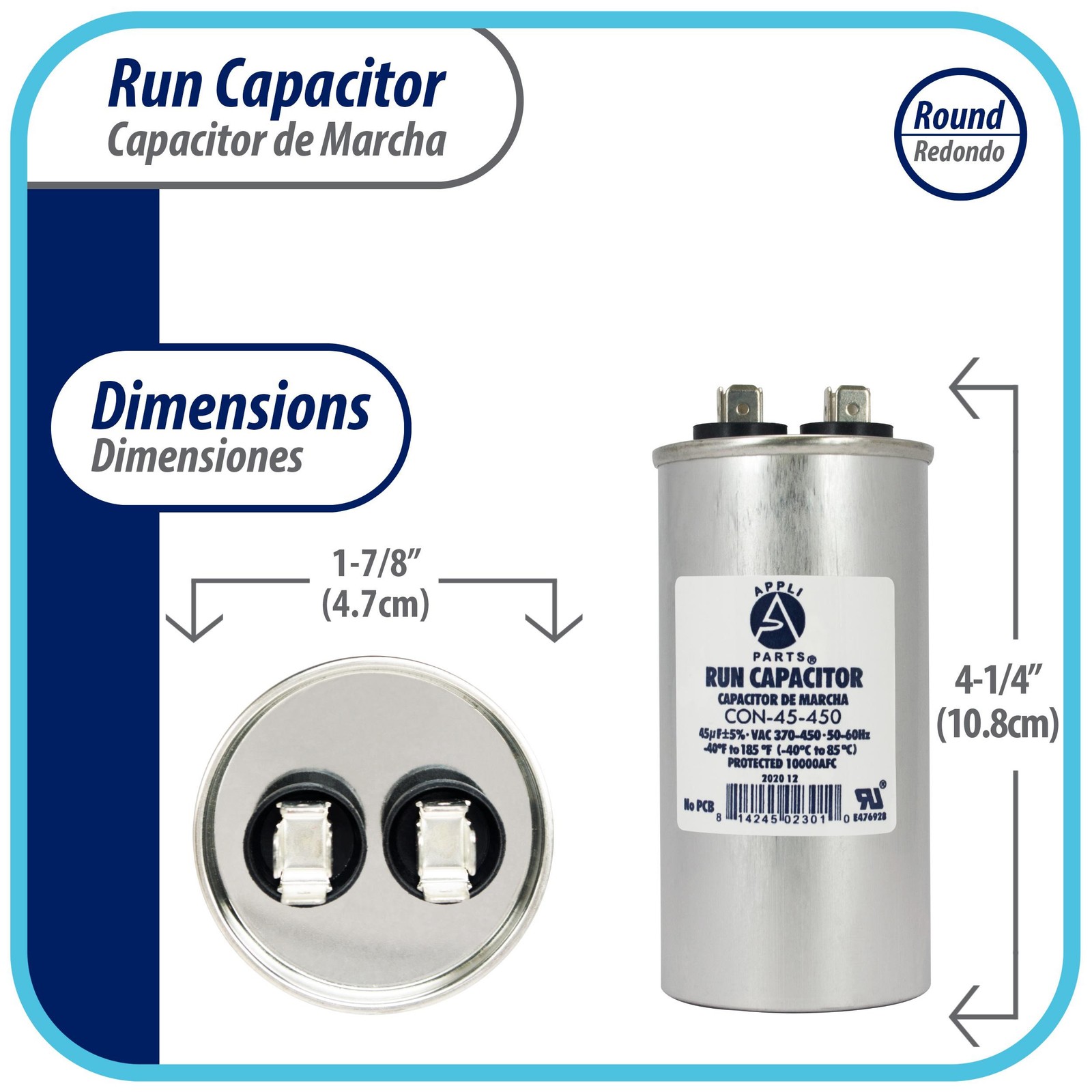 Appli Parts Run Capacitor for ac 45 Mfd uF (microfarads) 370 VAC or 450 VAC CBB6