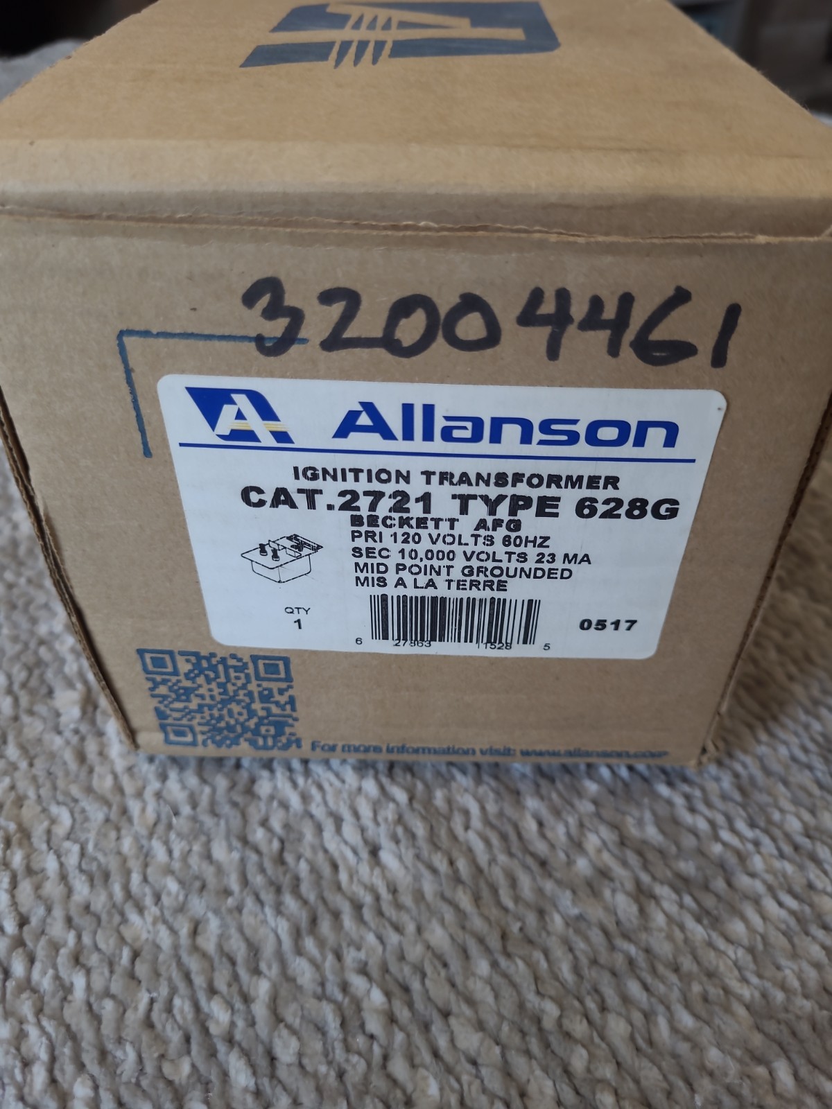 2721-628G ALLANSON IGNITION TRANSFORMER FOR BECKETT A;AF;AFG OIL BURNER (COMES