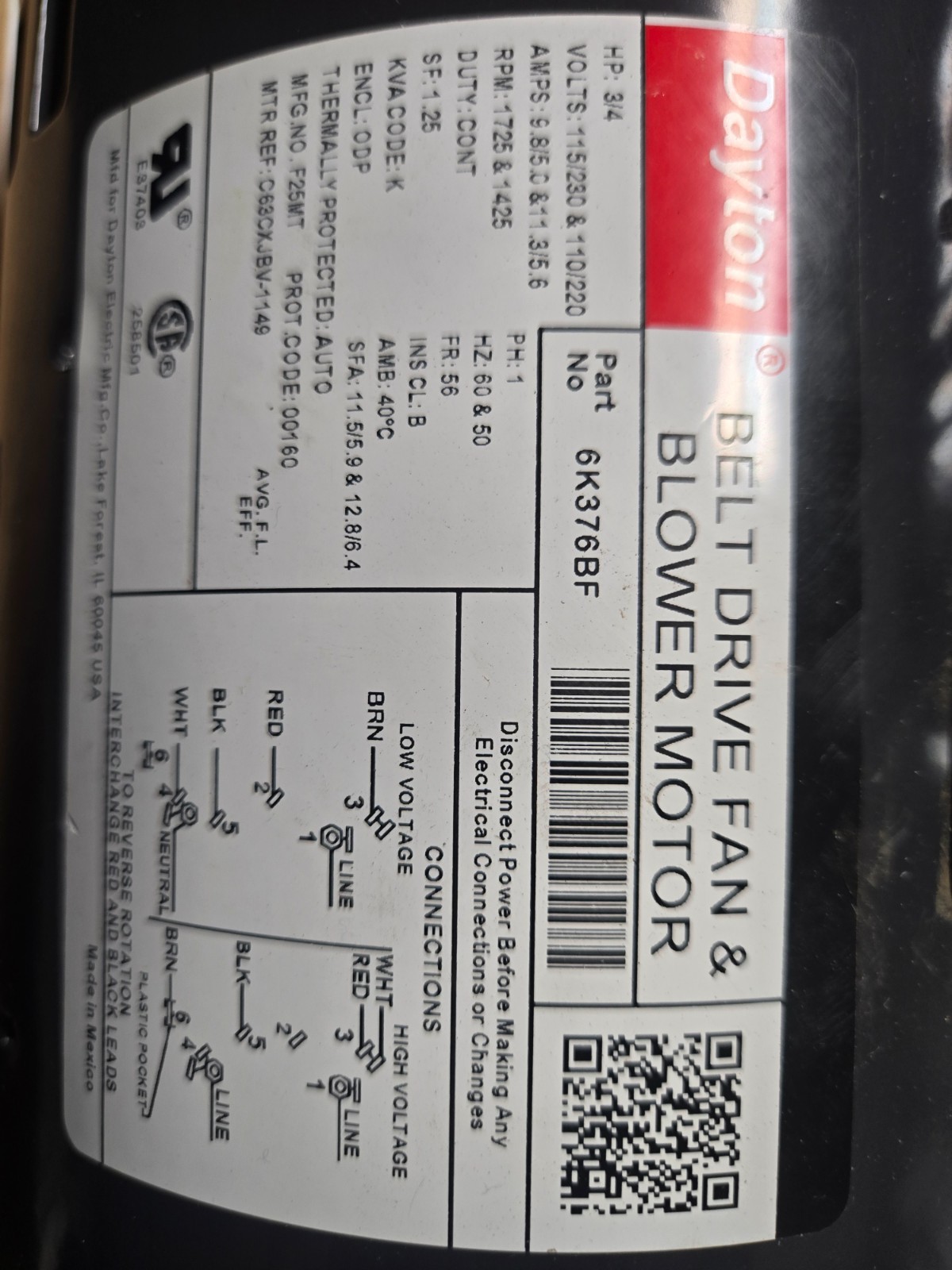 6K376 Dayton Motor, 3/4 HP, 115/230V AC Voltage, 56 Frame, 1,725RPM, Used