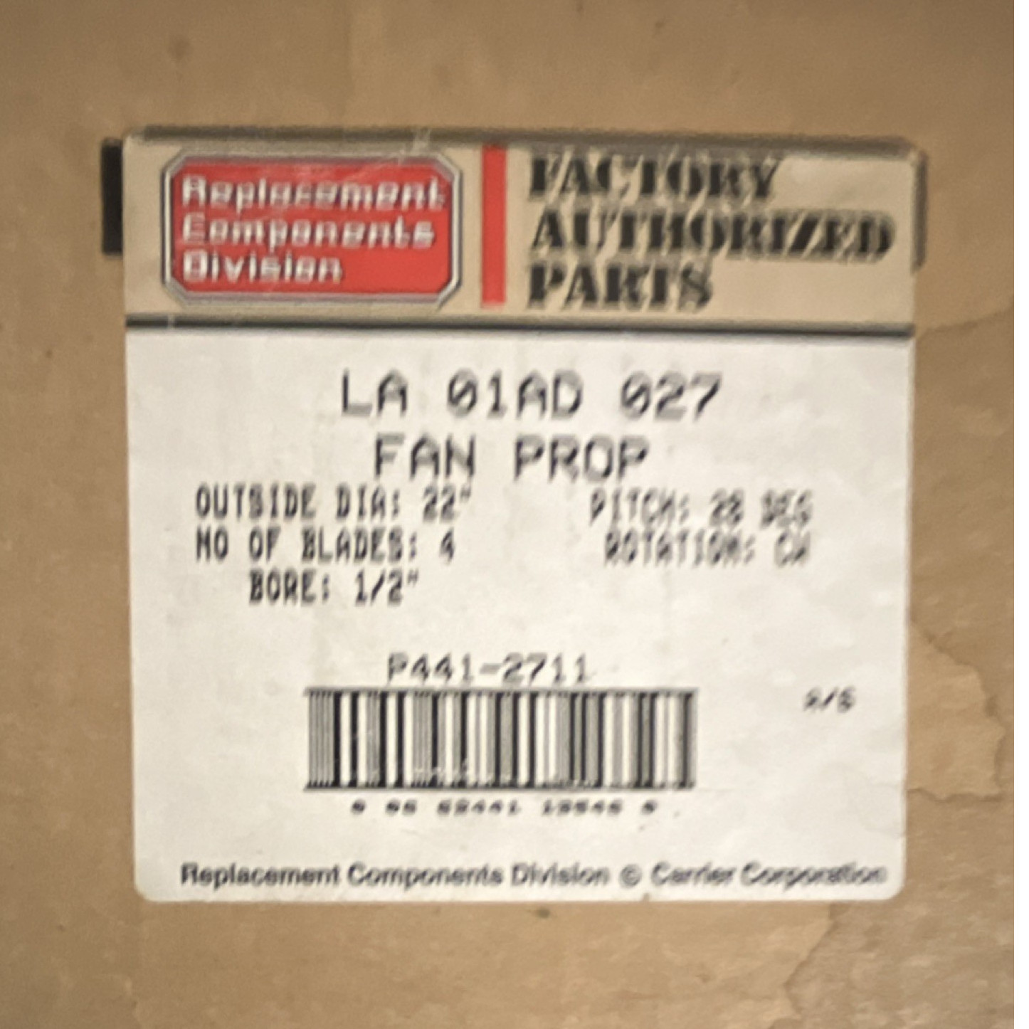 Carrier LA 01AD 027 P441-2711 Replacement Fan Blade/Prop 22 in 4-Blade