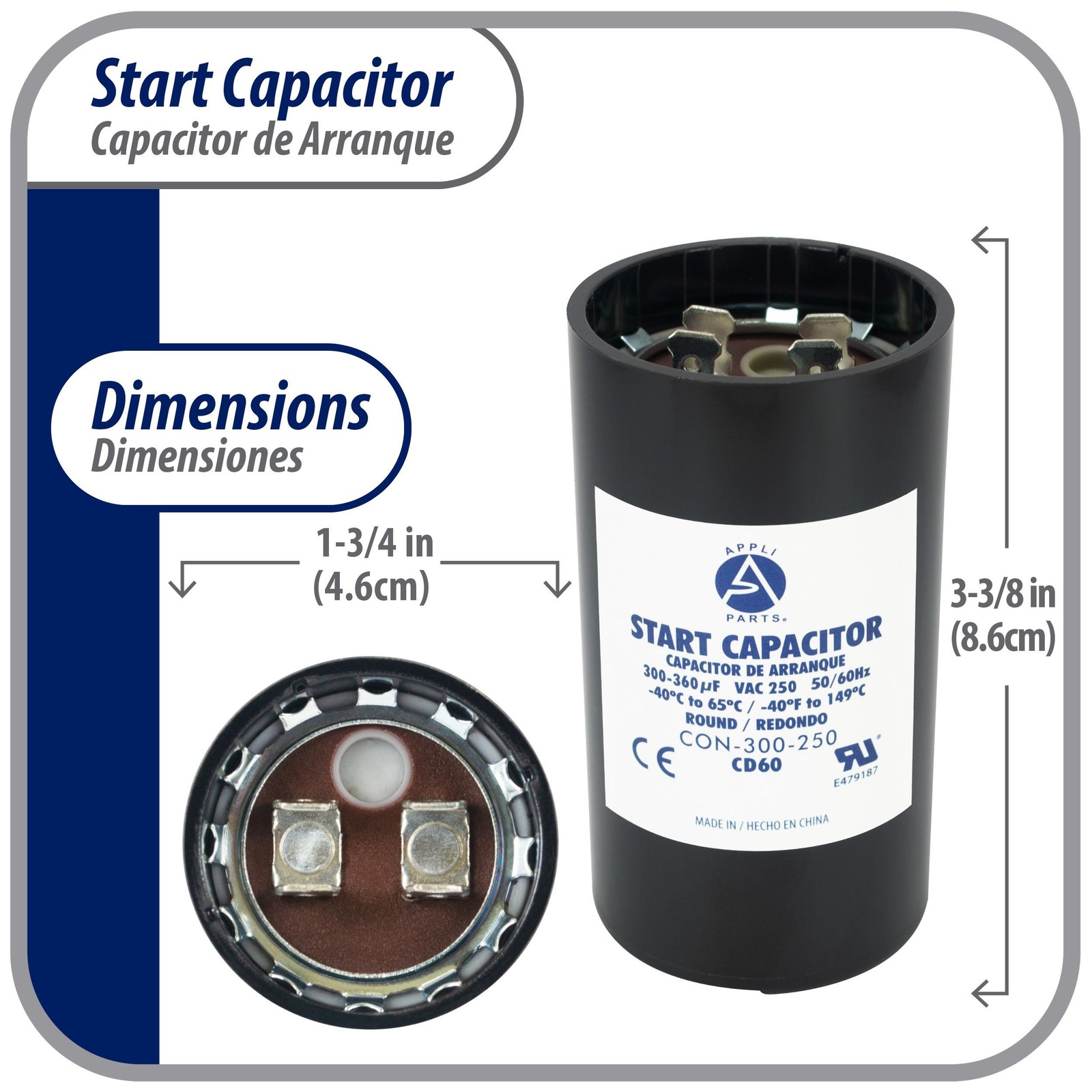Appli Parts CON-300-250 Motor Start Capacitor 300-360 MFD uF, 250 VAC. Universal