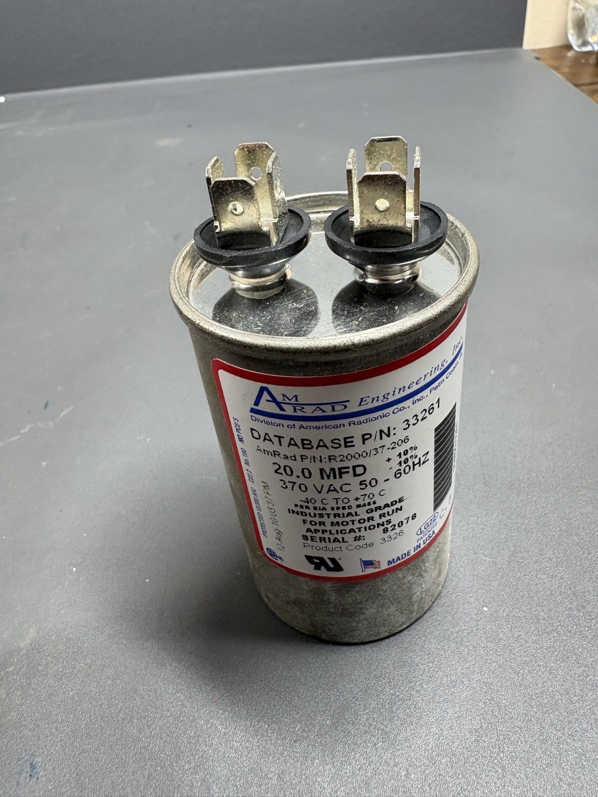 AmRad 20uF 370VAC Motor Run Capacitor 33261 R2000/37-206 USA HVAC