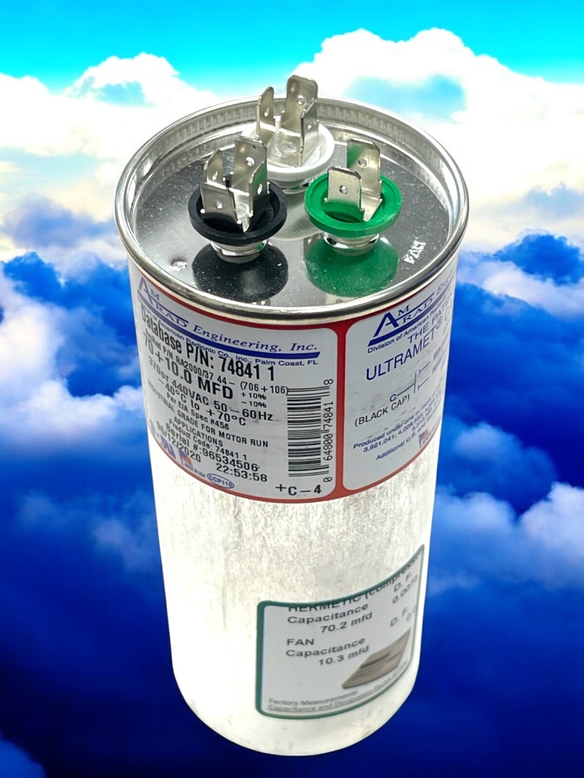 AmRad USA2220BA Round Run Capacitor 70+10 uF MFD 370 / 440 Volt Made in USA