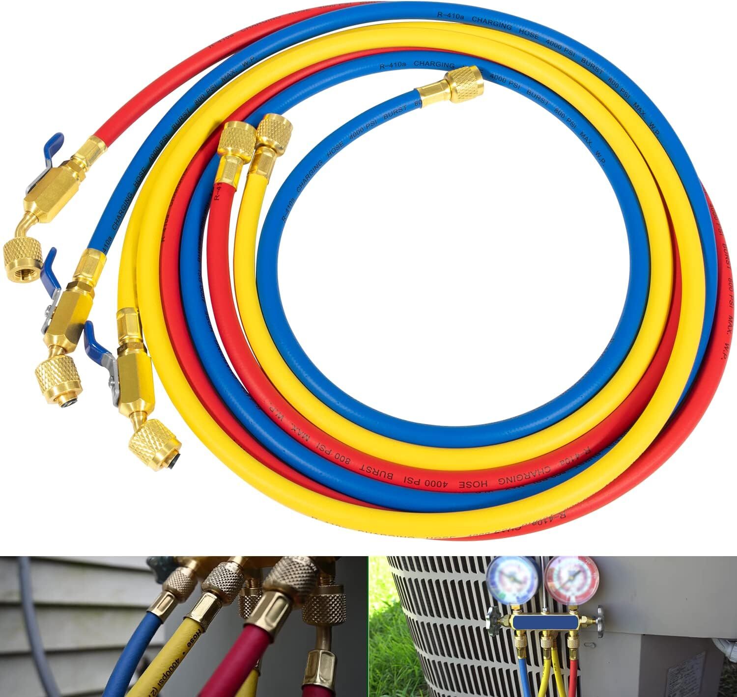 3 Pack 29986 Plus II 1/4″ Red Blue Yellow Charging Hose Compact Ball Valve 72″