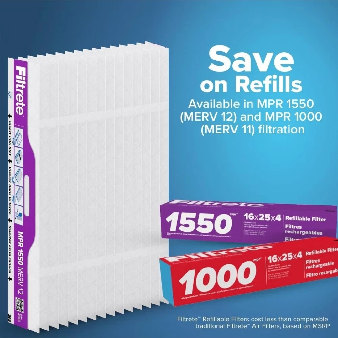 2 Pack of Filtrete 16x25x4 Refillable Air Filter replacement, MPR 1550, MERV