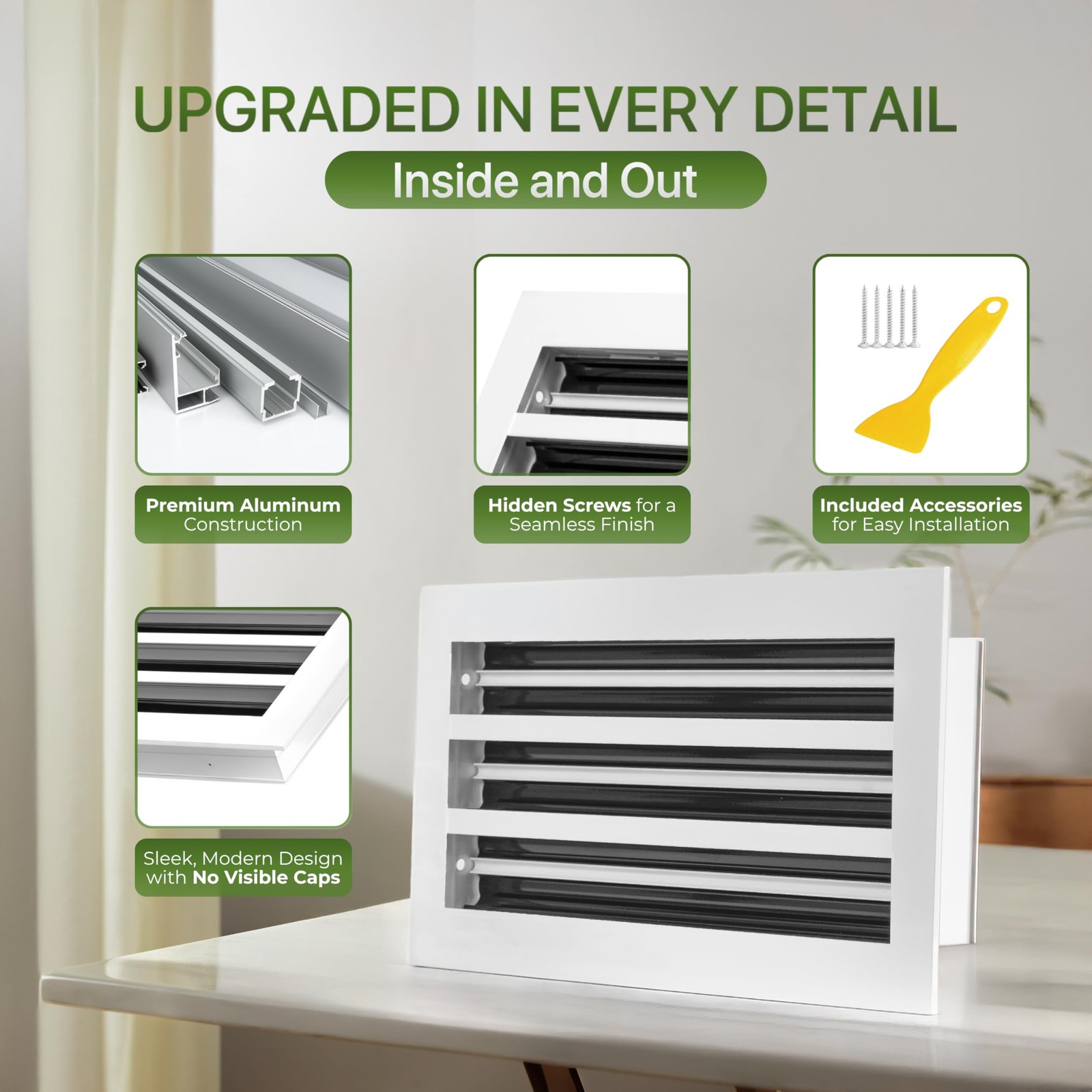 GREEN VENT Modern Air Vent Cover 8×6 (Duct Opening) – Decorative White Aluminum